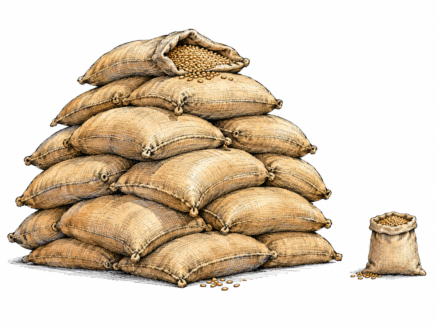 Large noticeably substantial pile of grain sacks dwarfs one small sample sack beside it, same kind but considerable quantity visually clear; no labels or storehouse.