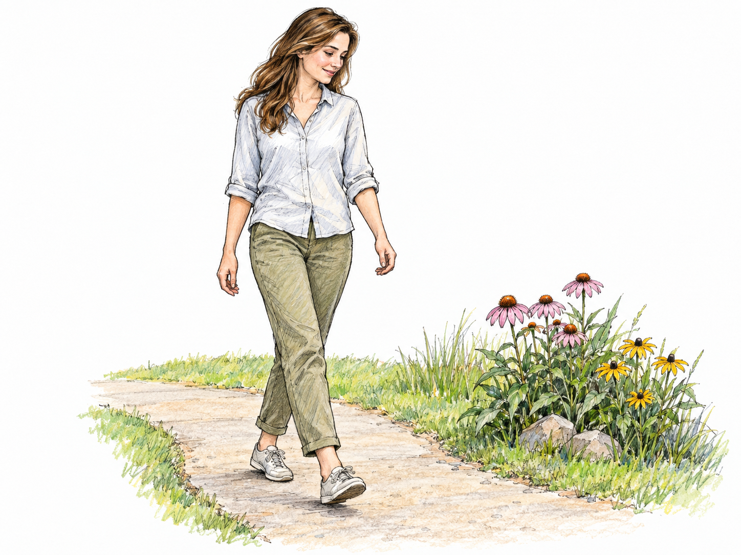 A young woman takes an easy, unhurried walk along a park path, with a short stride, loose arms, relaxed shoulders, and her gaze turned toward nearby flowers.