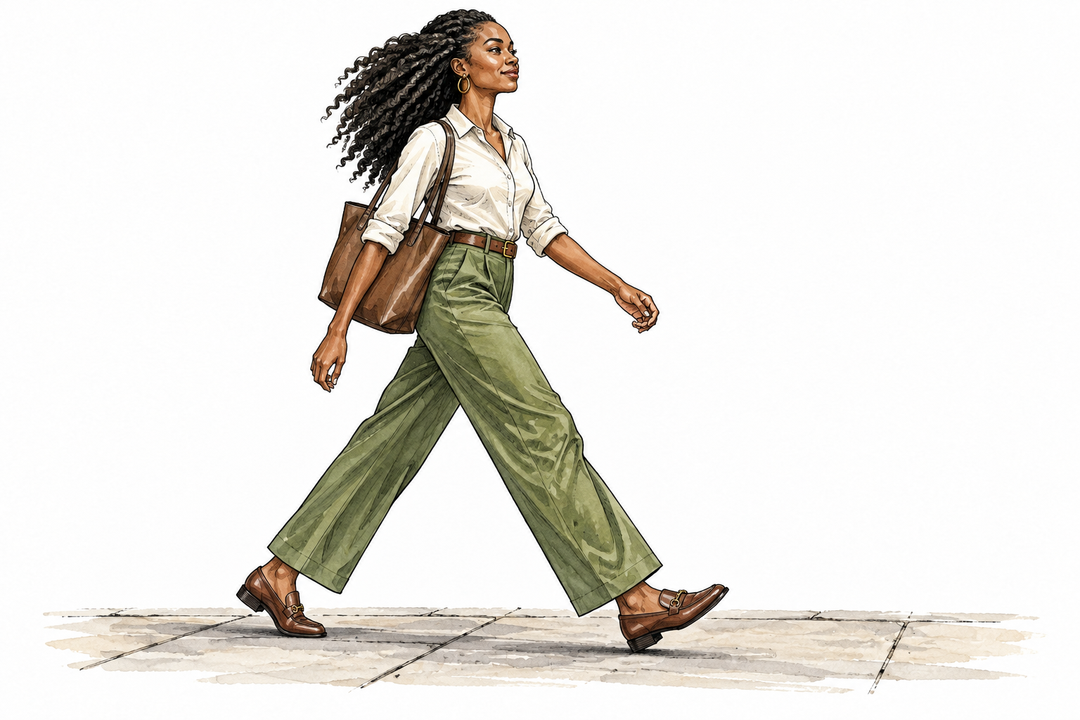 Tall Black woman walks purposefully with long confident steps across open pavement.