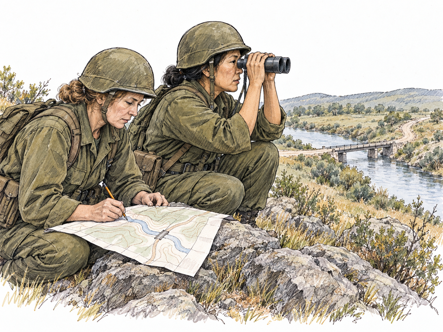 Two military scouts survey a river crossing from a low ridge: one examines the bridge through binoculars while the other marks its position on a simple terrain map.