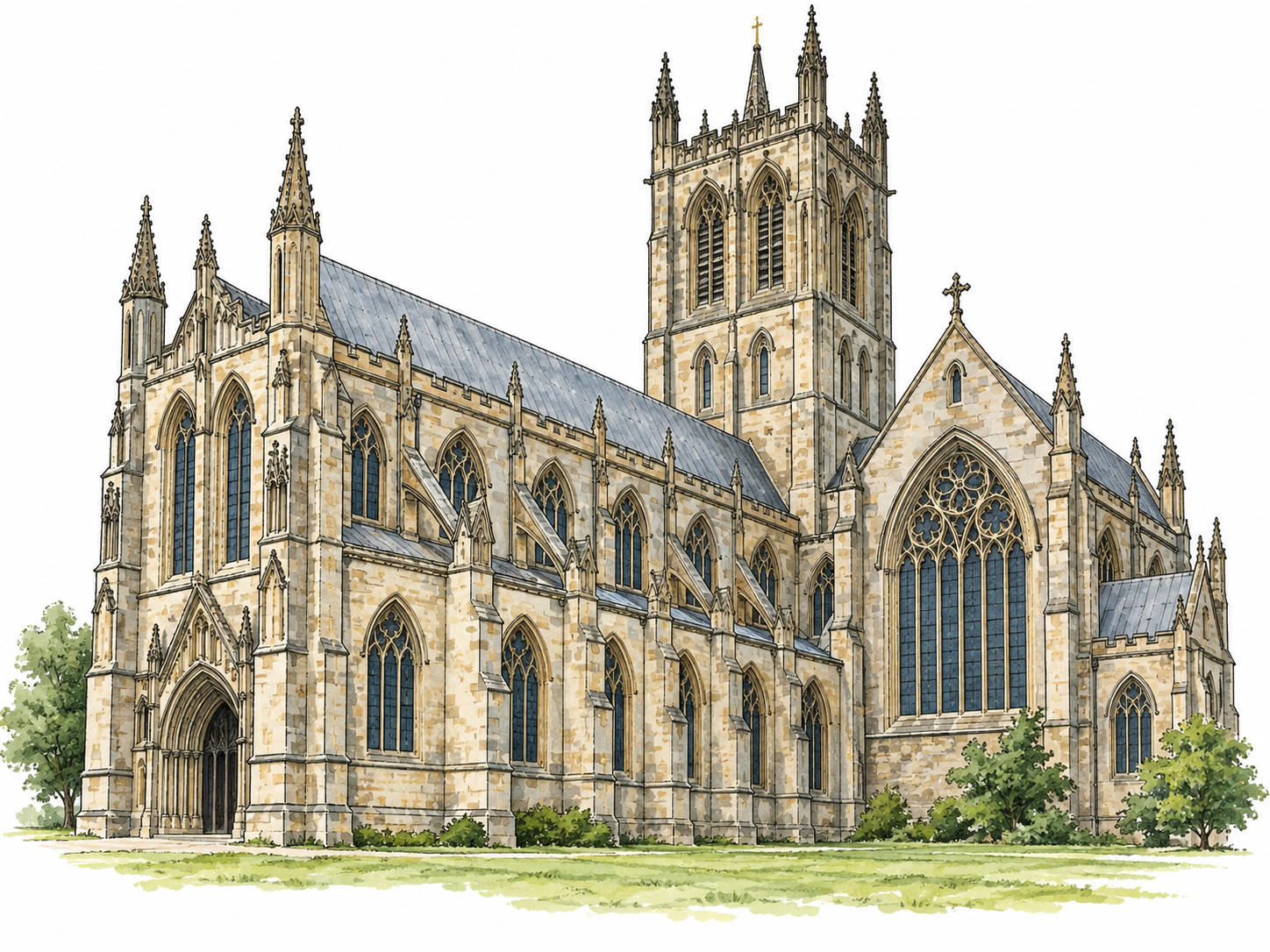 English Gothic minster church exterior with tall nave and transept, simplified white-ground architectural vignette.