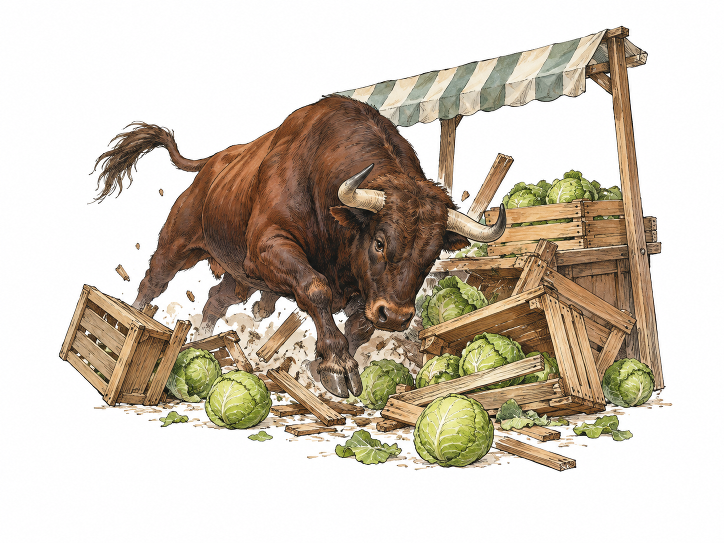 A large escaped bull charges through an empty market stall, knocking over plain wooden crates and scattering intact cabbages.