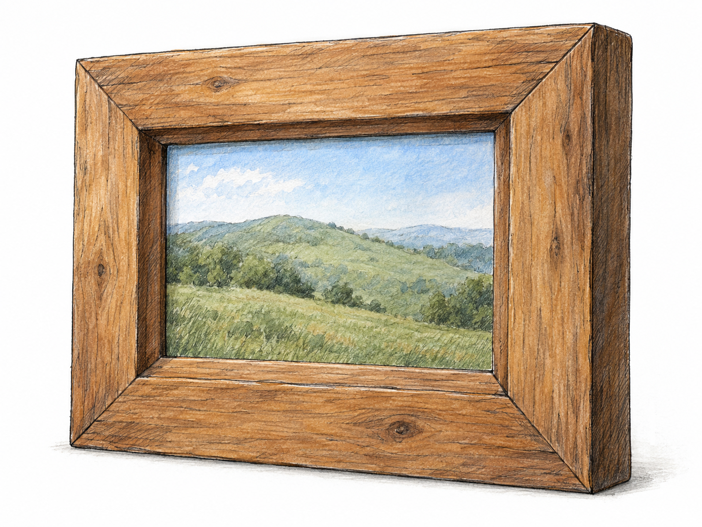 A sturdy wooden picture frame surrounds and holds a small landscape painting, with its thick rails and joined corners clearly visible.