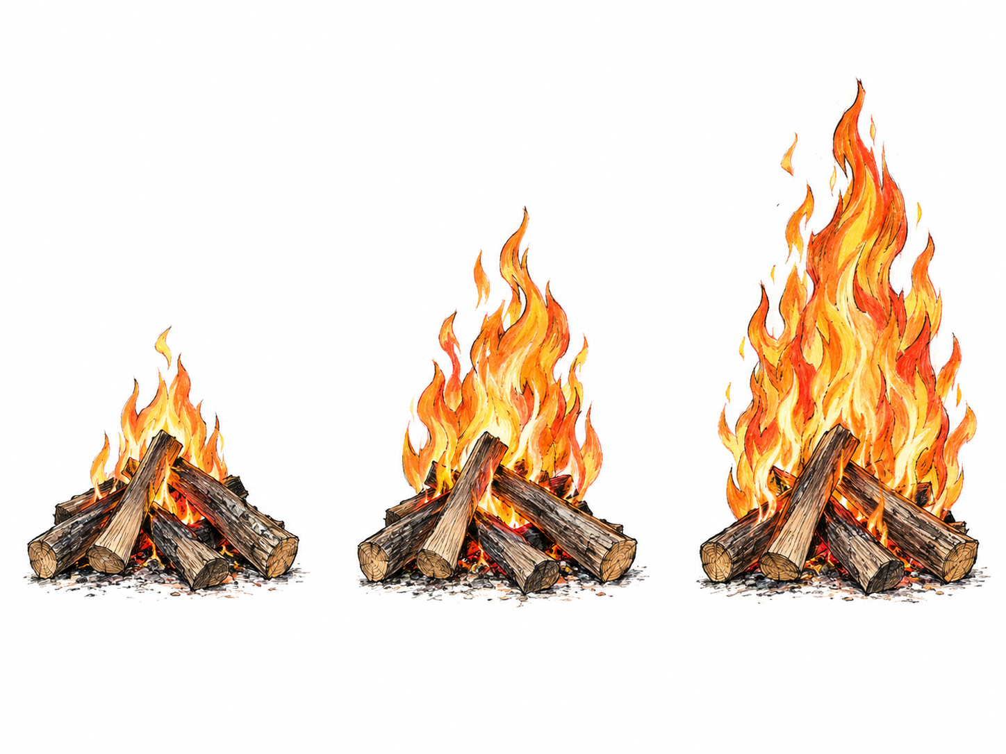 Three small left-to-right vignettes show the same fire escalating from a modest flame to increasingly tall, vigorous flames, making the rise in intensity immediately visible.