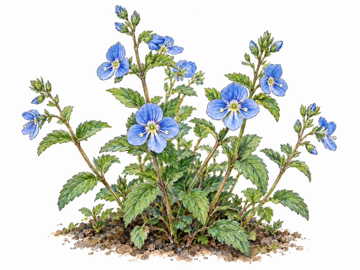 A close, botanically recognizable view of a flowering veronica plant: slender stems with opposite toothed green leaves and small blue, four-lobed flowers with pale centers and two projecting stamens.