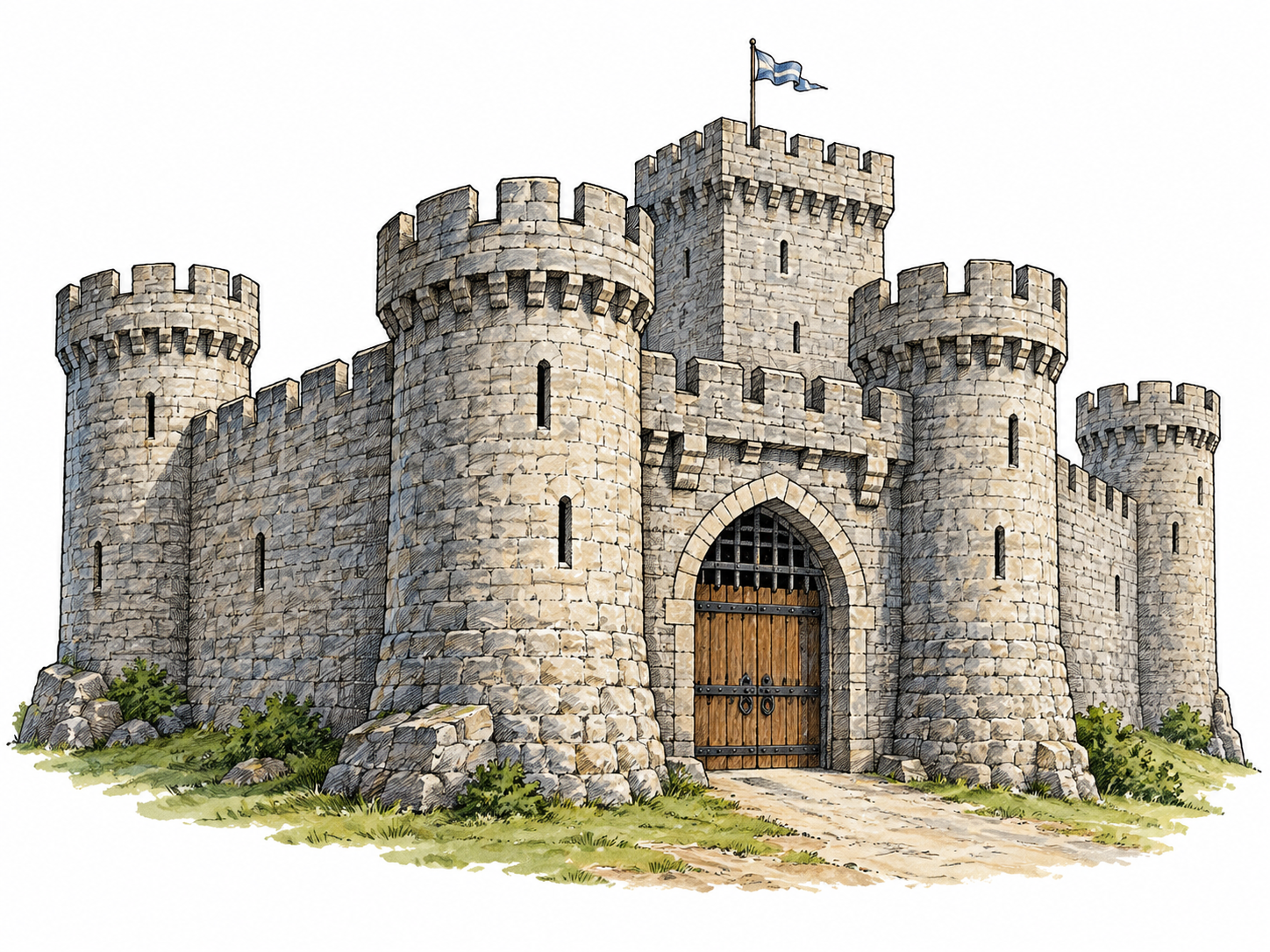 An isolated stone castle shows thick fortified walls, towers and a gatehouse, with a minimal ground base; no fantasy spires.