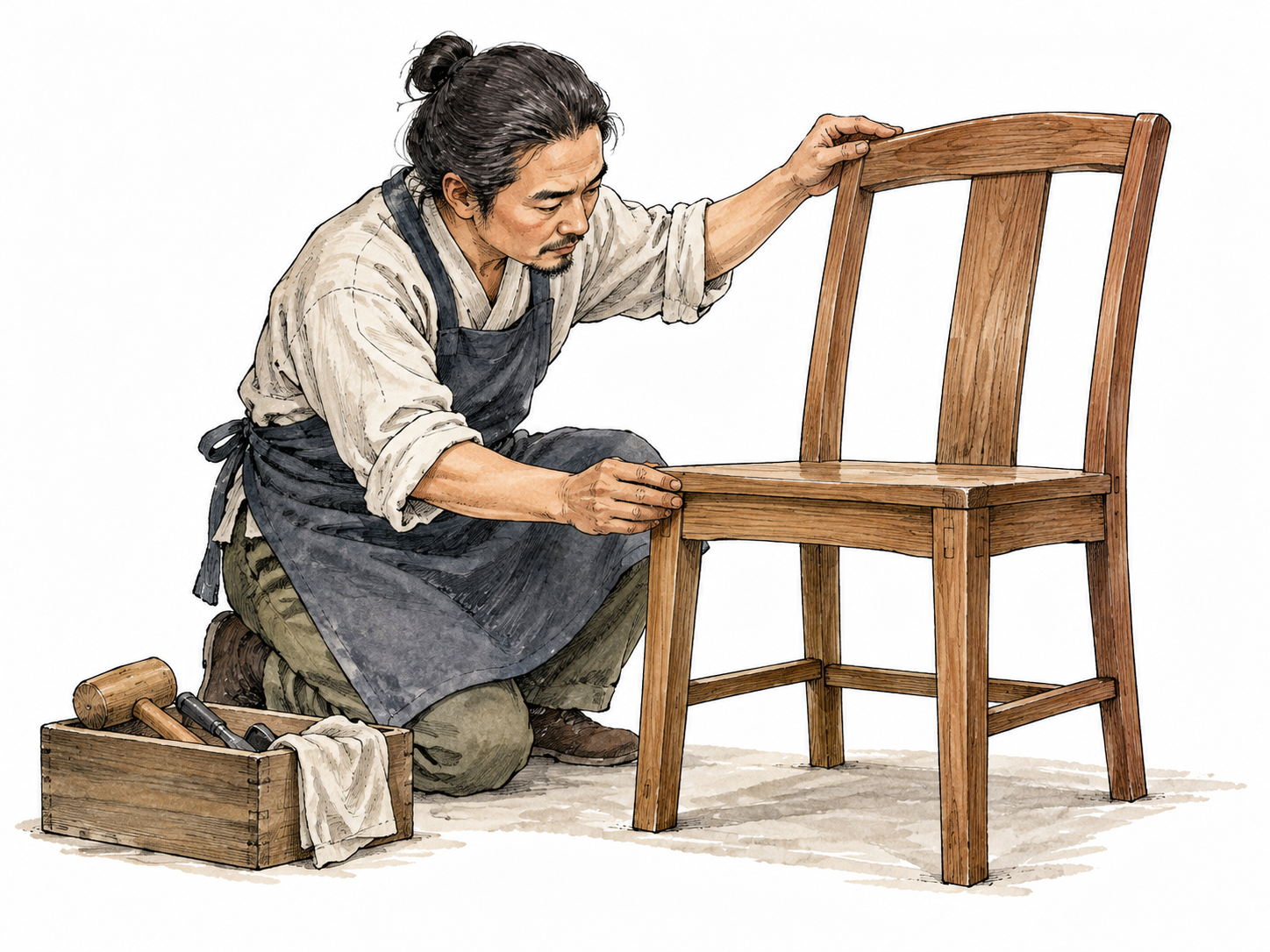 An East Asian craftsperson carefully checks every joint in a wooden chair before delivery.