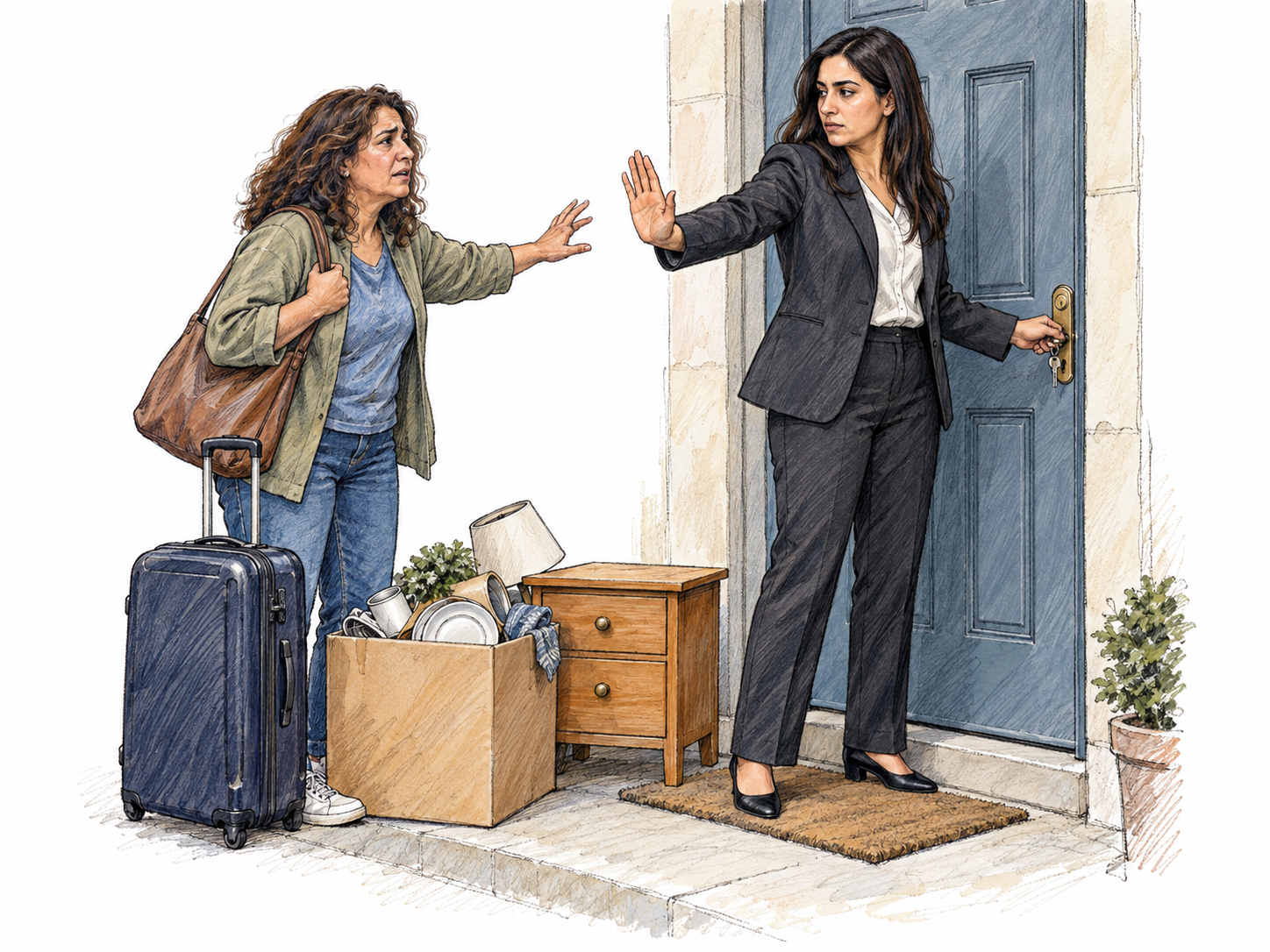 A resident is shut out of her home: her belongings sit outside while a property agent locks the door and bars her attempt to reenter.
