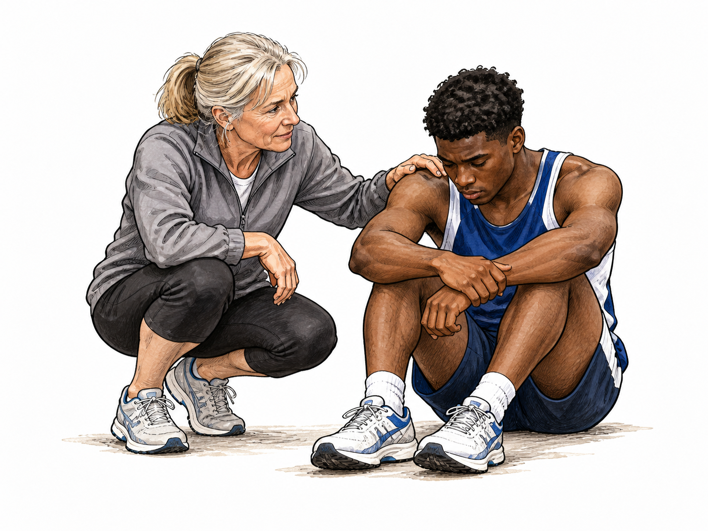 An older coach gently reassures a disappointed young adult runner after a lost race, hand on shoulder and listening expression, no medal or words.