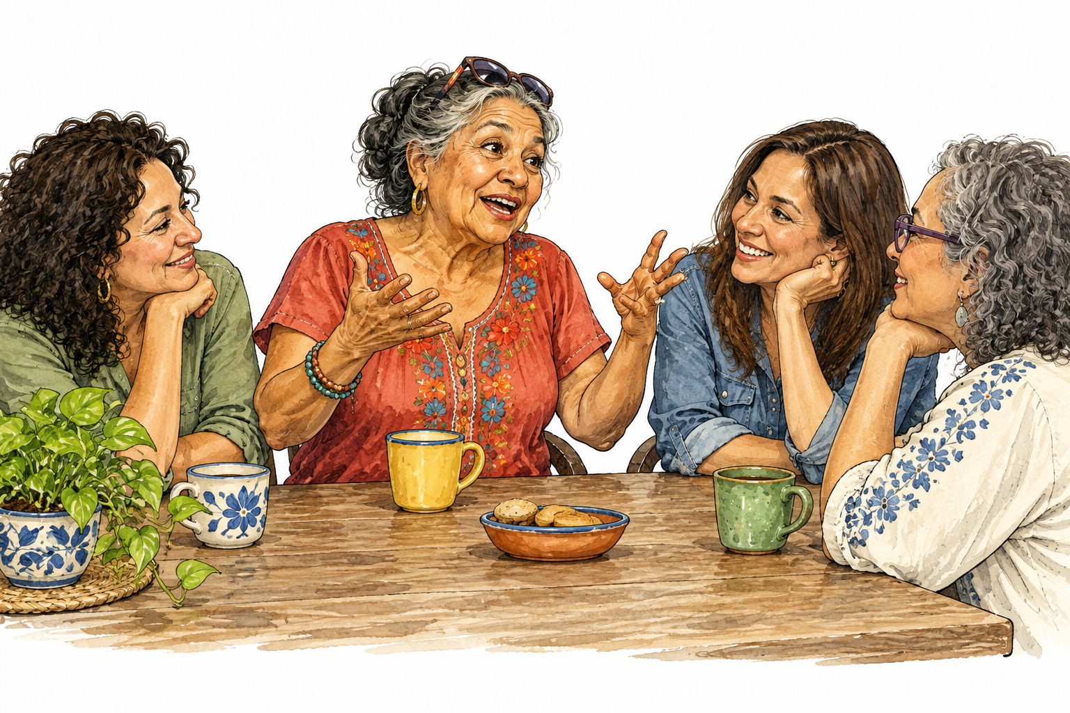 Outgoing older Latina woman animatedly explains a story to attentive friends.