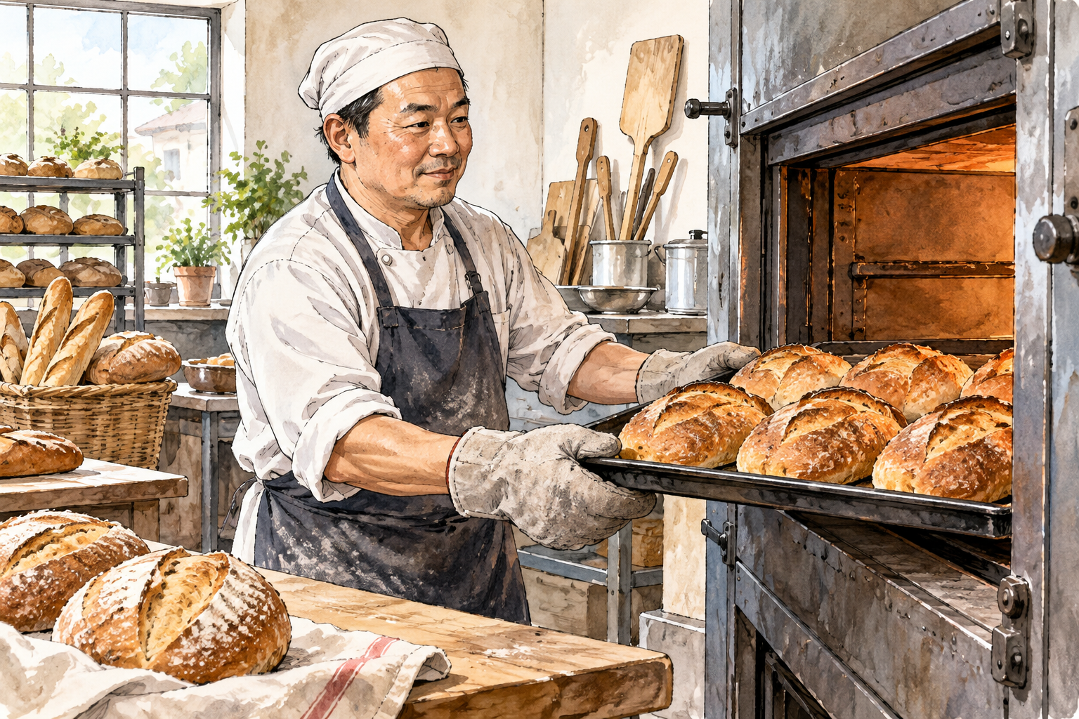 Middle-aged Asian male baker confidently removes evenly baked bread from oven, precise practiced handling and successful result.