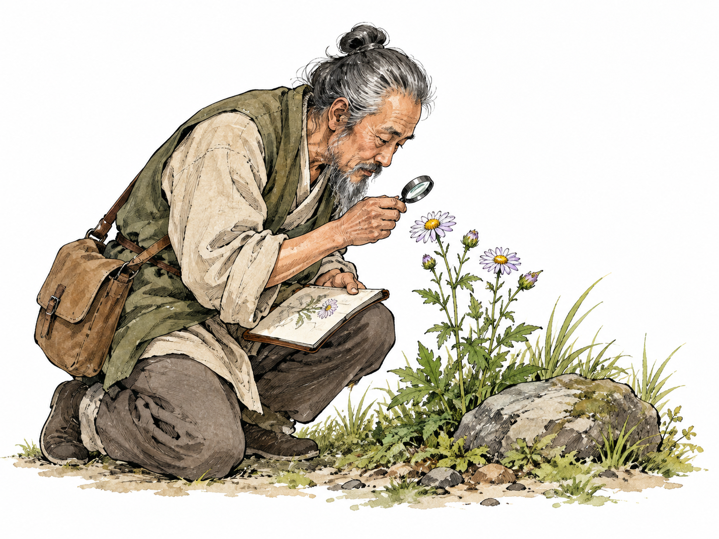 An older East Asian naturalist kneels beside wildflowers with a notebook and hand lens, observing carefully.
