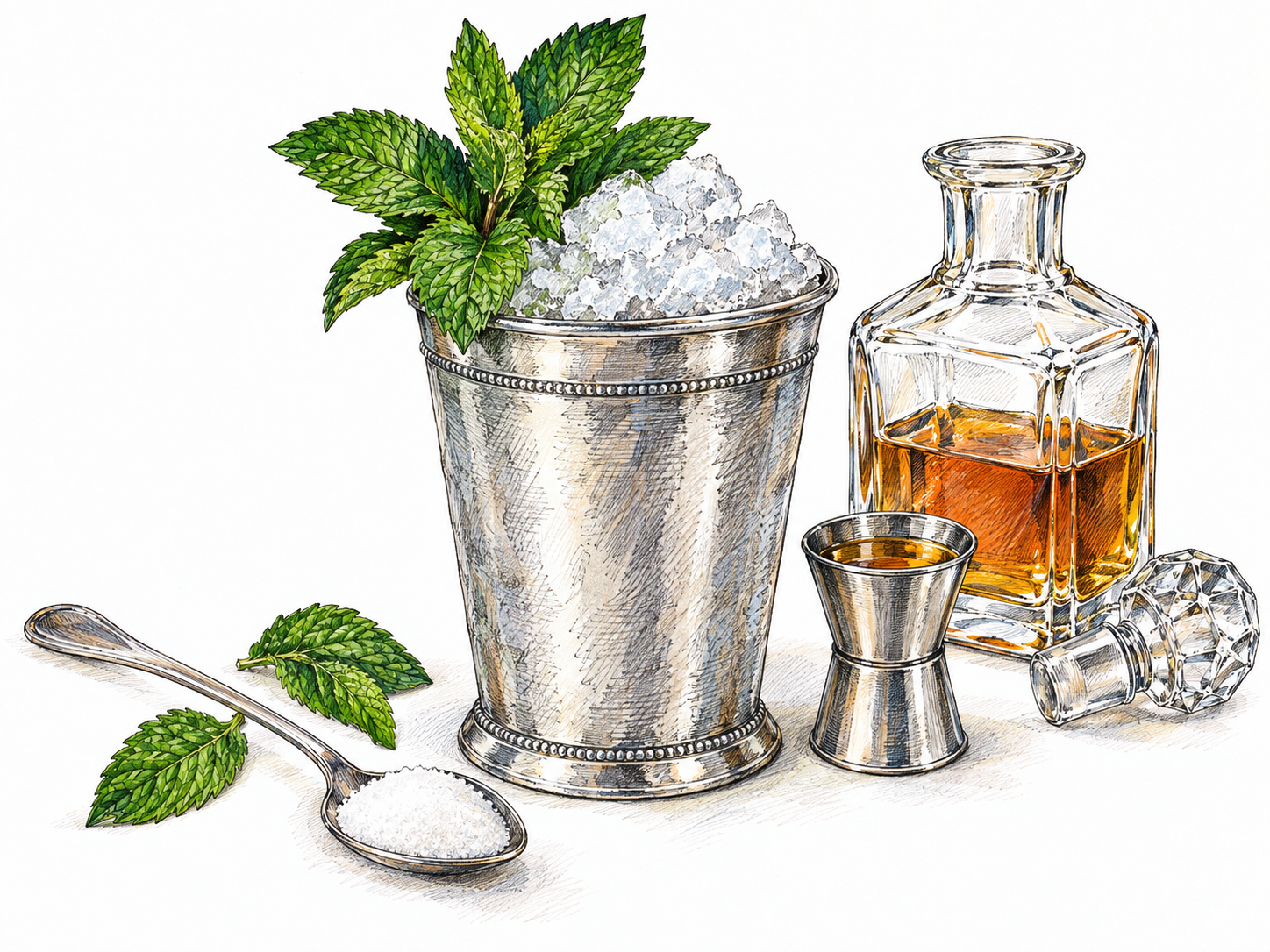 A mint julep in a traditional silver cup, heaped with crushed ice and fresh mint, beside a small measure of amber liquor, an unlabeled whiskey decanter, and a spoonful of sugar.