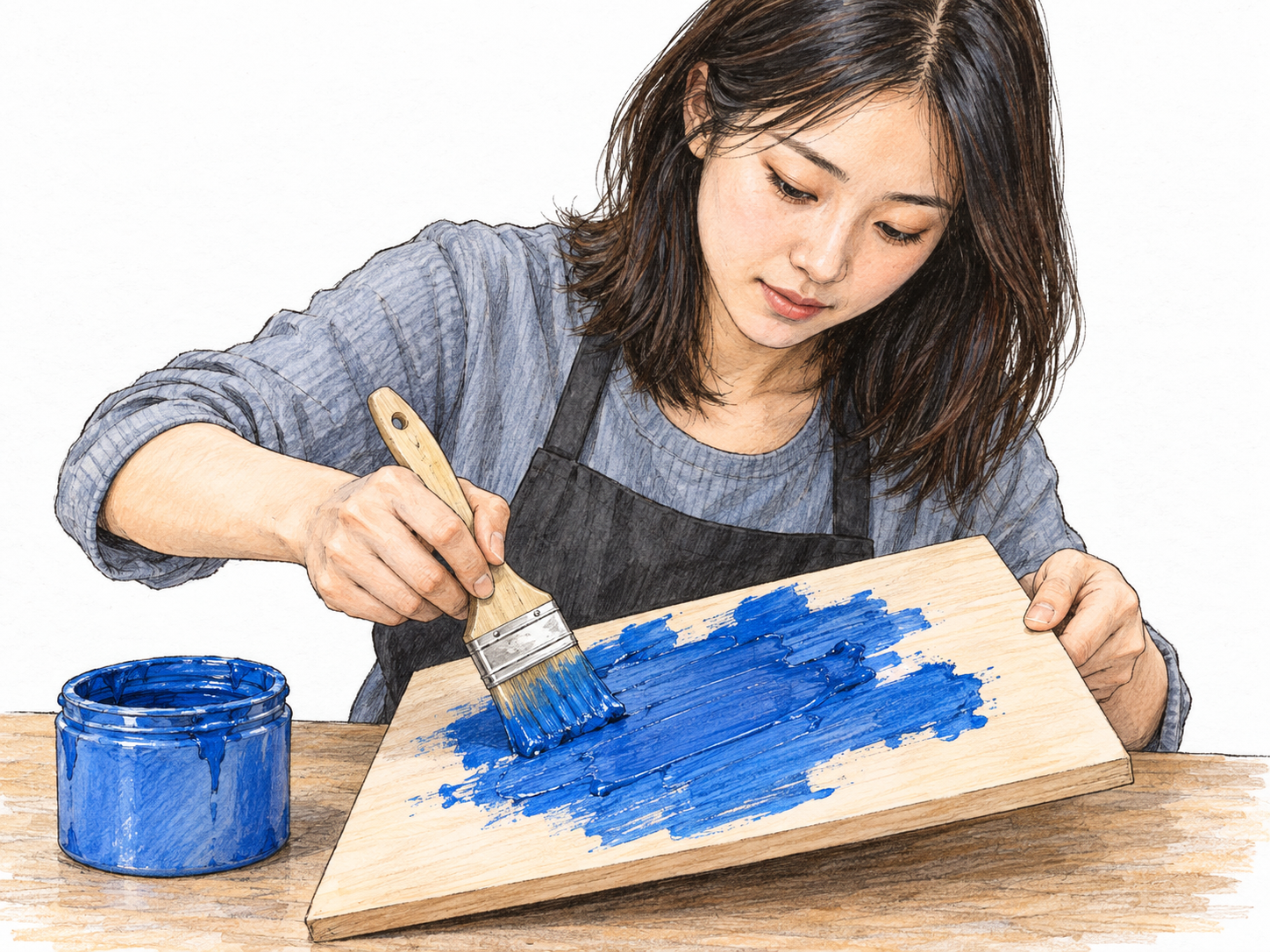 A young woman roughly smears thick blue paint onto a small wooden panel with a broad brush, leaving conspicuously uneven blobs and ridged streaks.