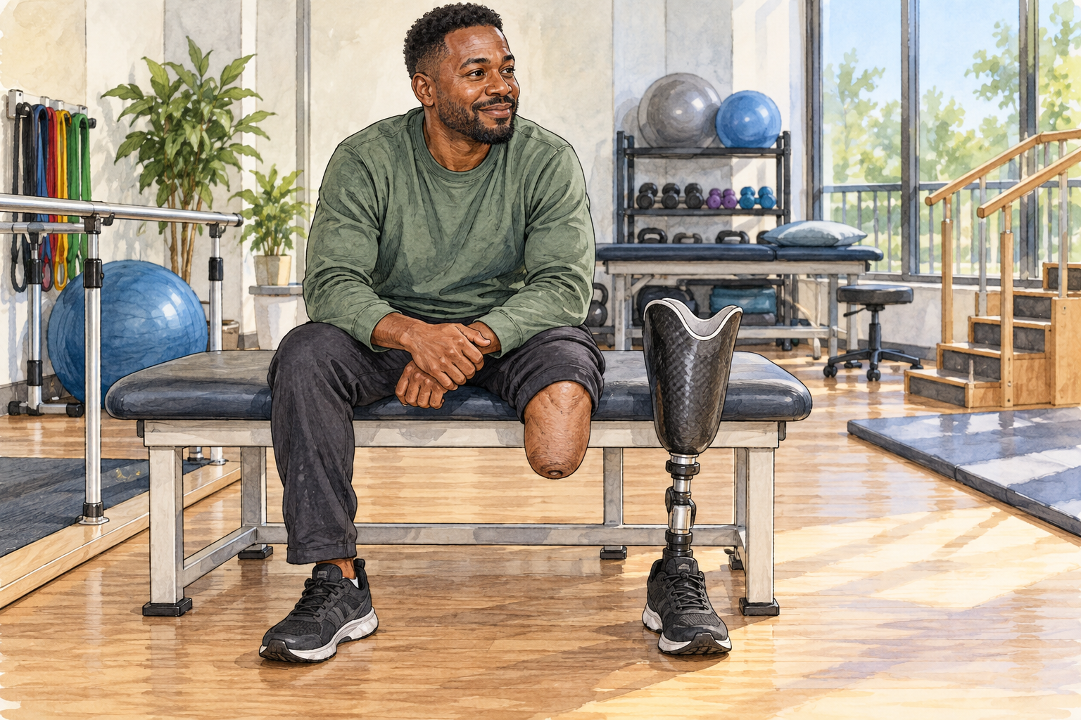 Respectful medical recovery illustration of an adult with a healed below-knee residual limb seated beside a prosthetic leg in a rehabilitation clinic, fully modest clothing, no wounds.