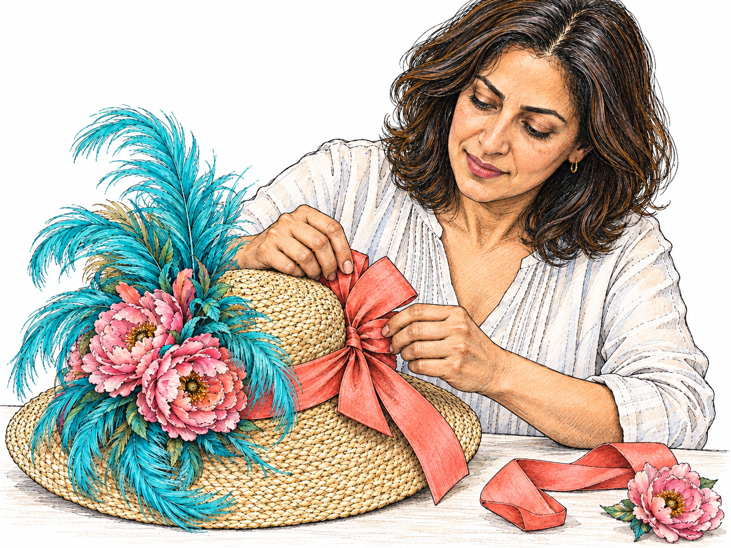 A woman gussies up a plain straw hat, actively attaching an oversized bright bow beside extravagant feathers and fabric flowers.