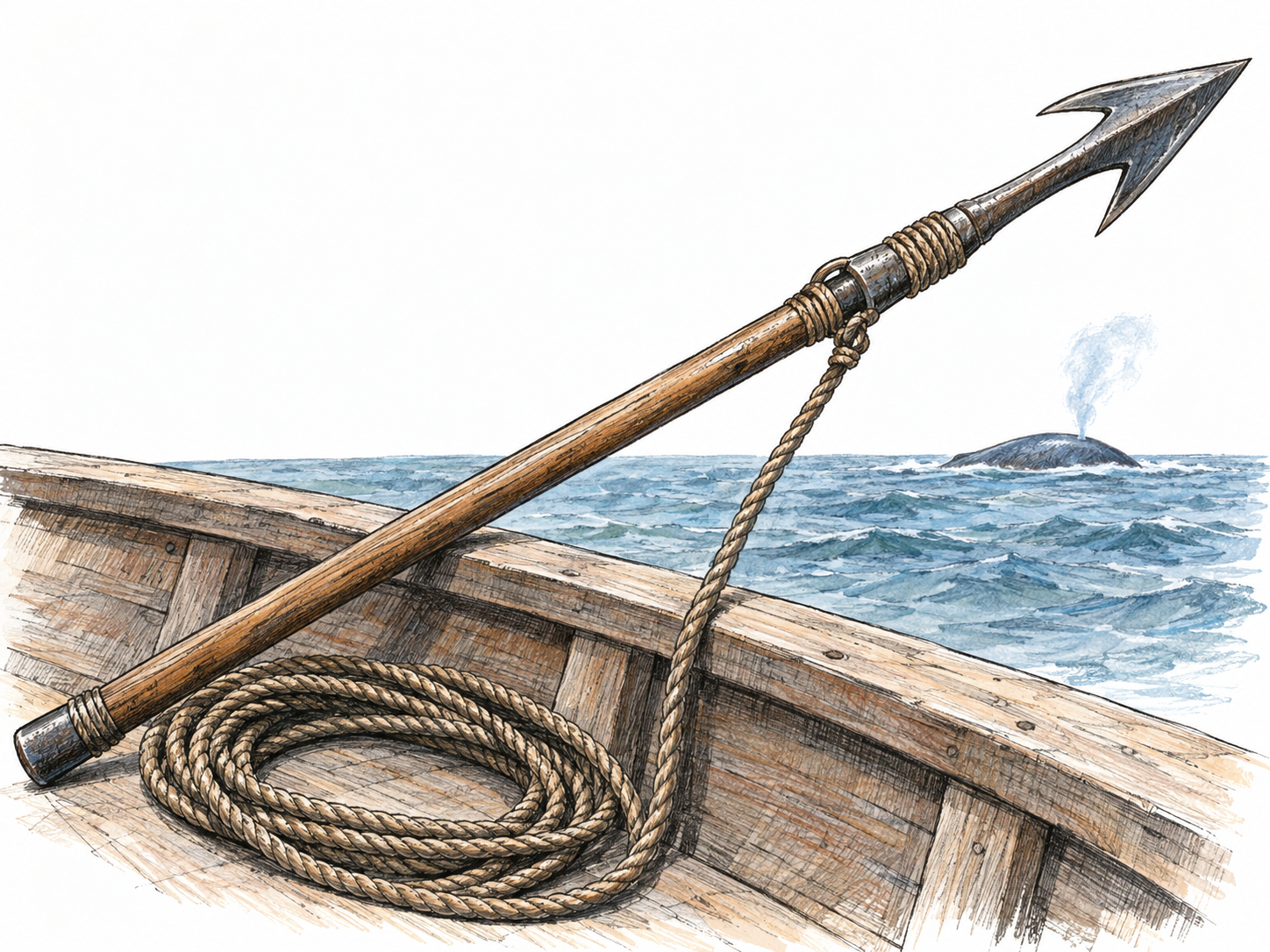 A traditional hand harpoon shown prominently as a long wooden shaft with a sharp iron head, conspicuous backward-facing barbs, and an attached retrieval rope.