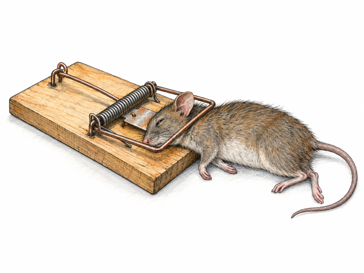 A sprung mousetrap with a visibly lifeless mouse demonstrates a fatal outcome without gore.