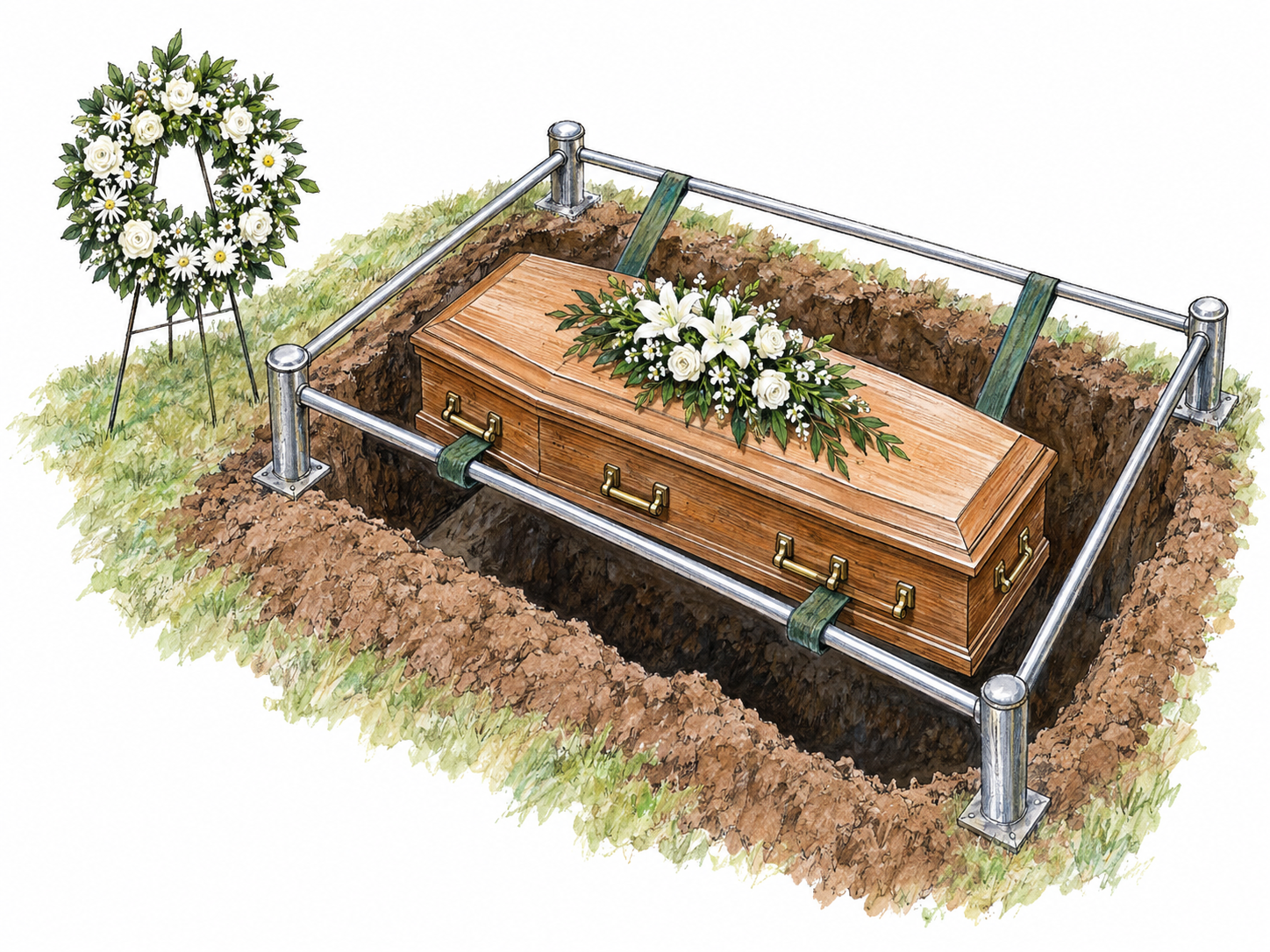 A flower-covered coffin poised over an open grave on lowering straps, with a funerary wreath beside it; burial equipment and floral tribute clearly establish the connection to ceremonies for the dead.