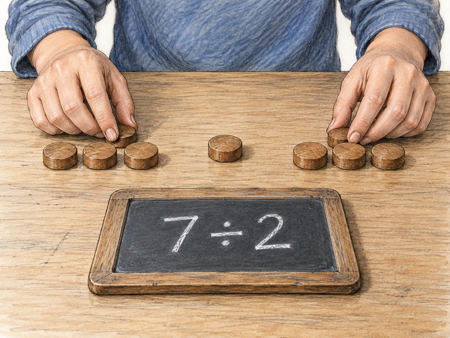 Seven counters cannot form two equal whole-number groups.