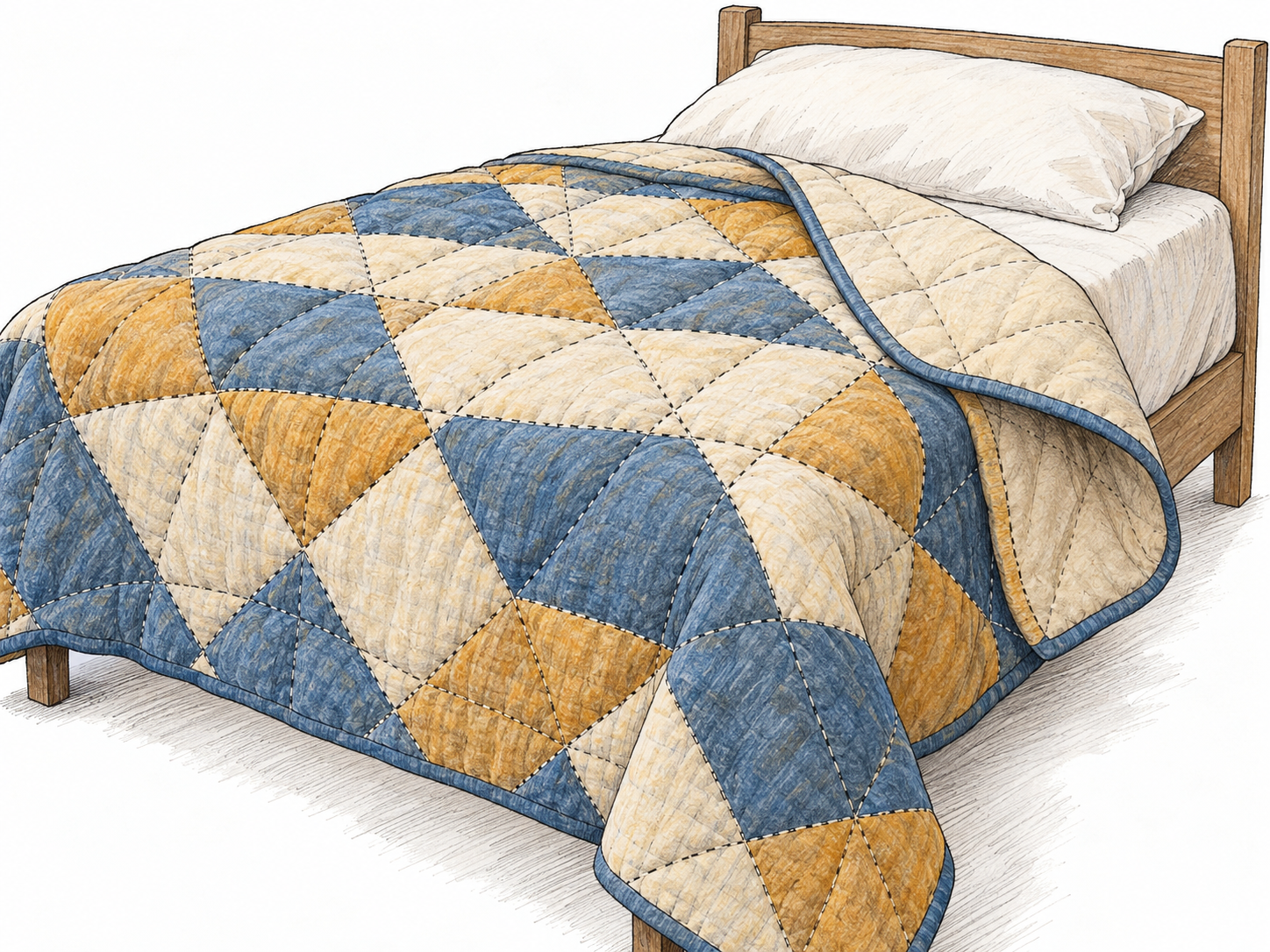 A thick quilt draped over a simple bed, with a folded-back corner showing its padded thickness and clearly stitched, softly puffed sections.