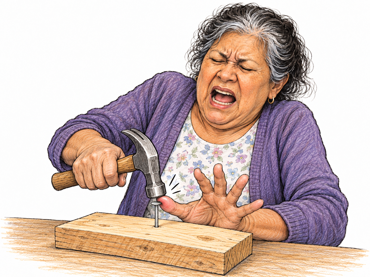 A woman recoils mid-hammering with a sharply open mouth and squeezed-shut eyes, visibly crying out at the instant the hammer strikes her thumb.