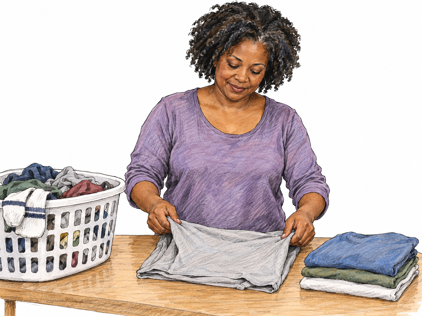 An ordinary household moment: a woman calmly folding plain laundry beside a basket and a small stack of folded clothes.