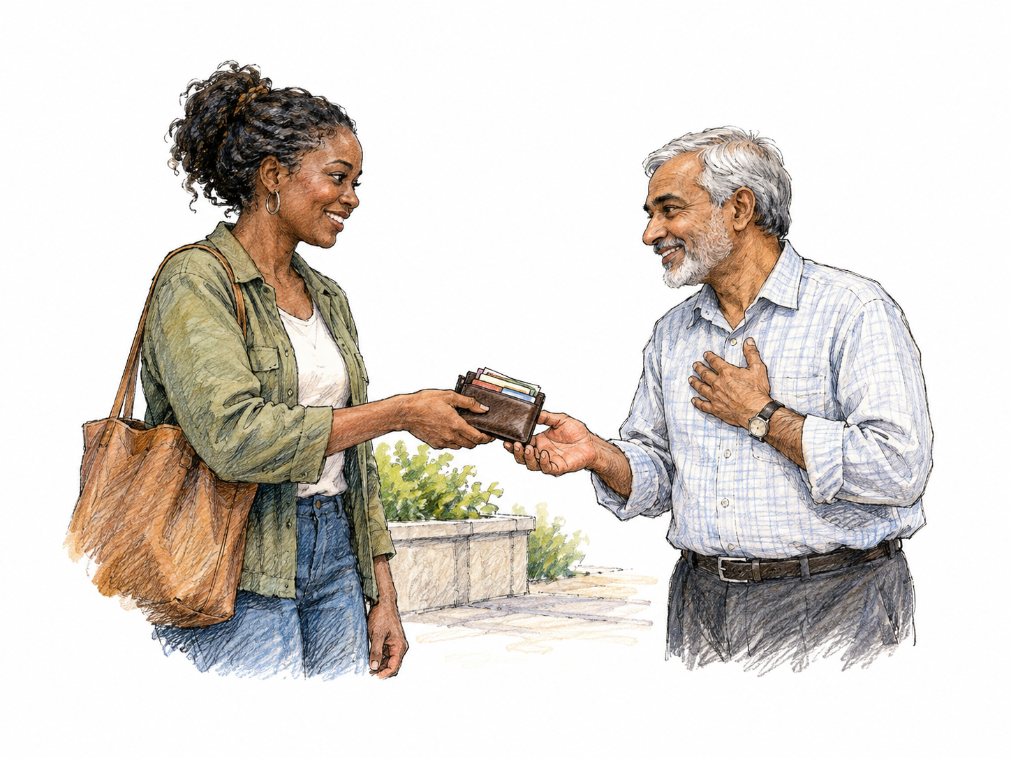 Adult warmly returns a found wallet with all contents intact to grateful stranger, genuine honest expression, no exaggerated glow or hearts.