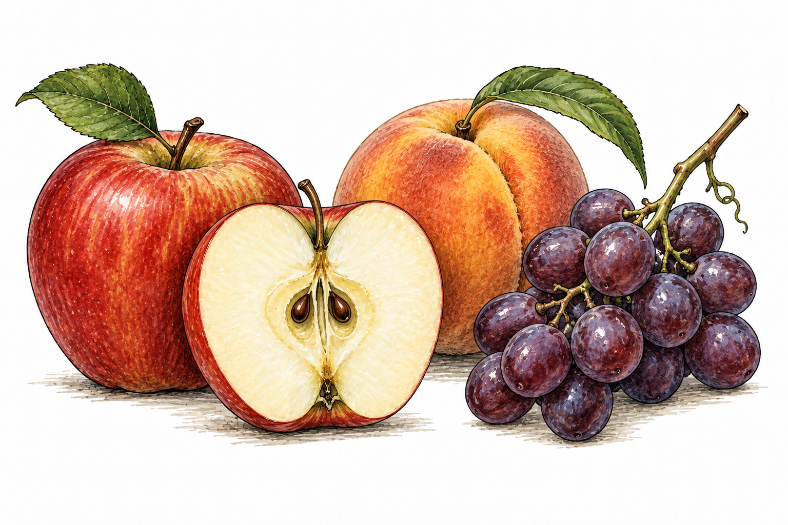 Cut ripe apple showing seeds and juicy flesh beside whole peach and grapes attached to stem.