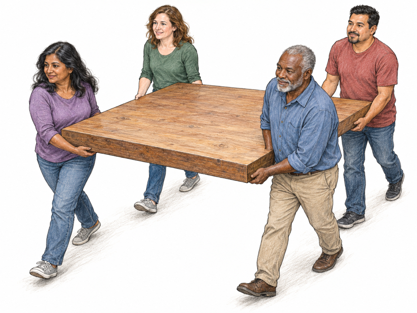 Four adults jointly lift and carry one broad, heavy tabletop, each supporting a different corner.