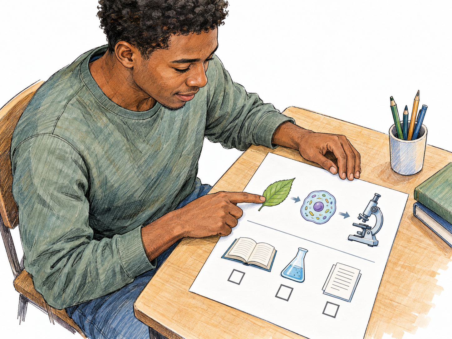A student reviews a course-outline sheet organized into a sequence of topic pictograms and a separate checklist of course requirements, making the document—not the surrounding classroom—the focal point.