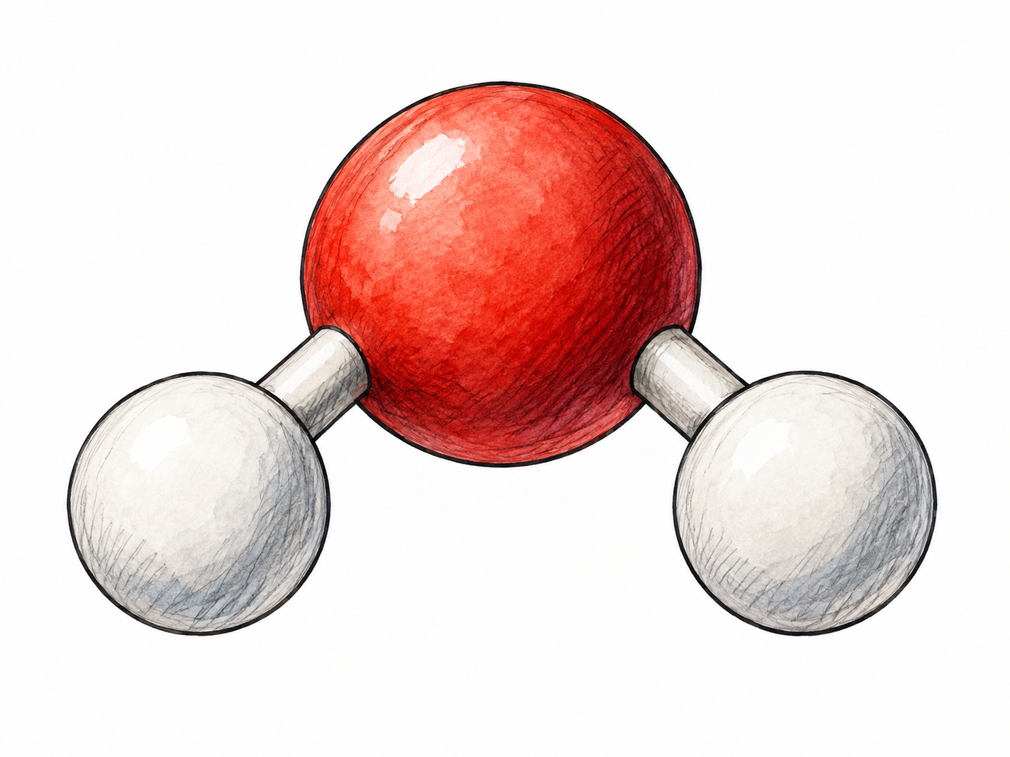 One accurately shaped water molecule model: one larger red oxygen sphere bonded to exactly two smaller white hydrogen spheres at an angle, no chemical labels needed.
