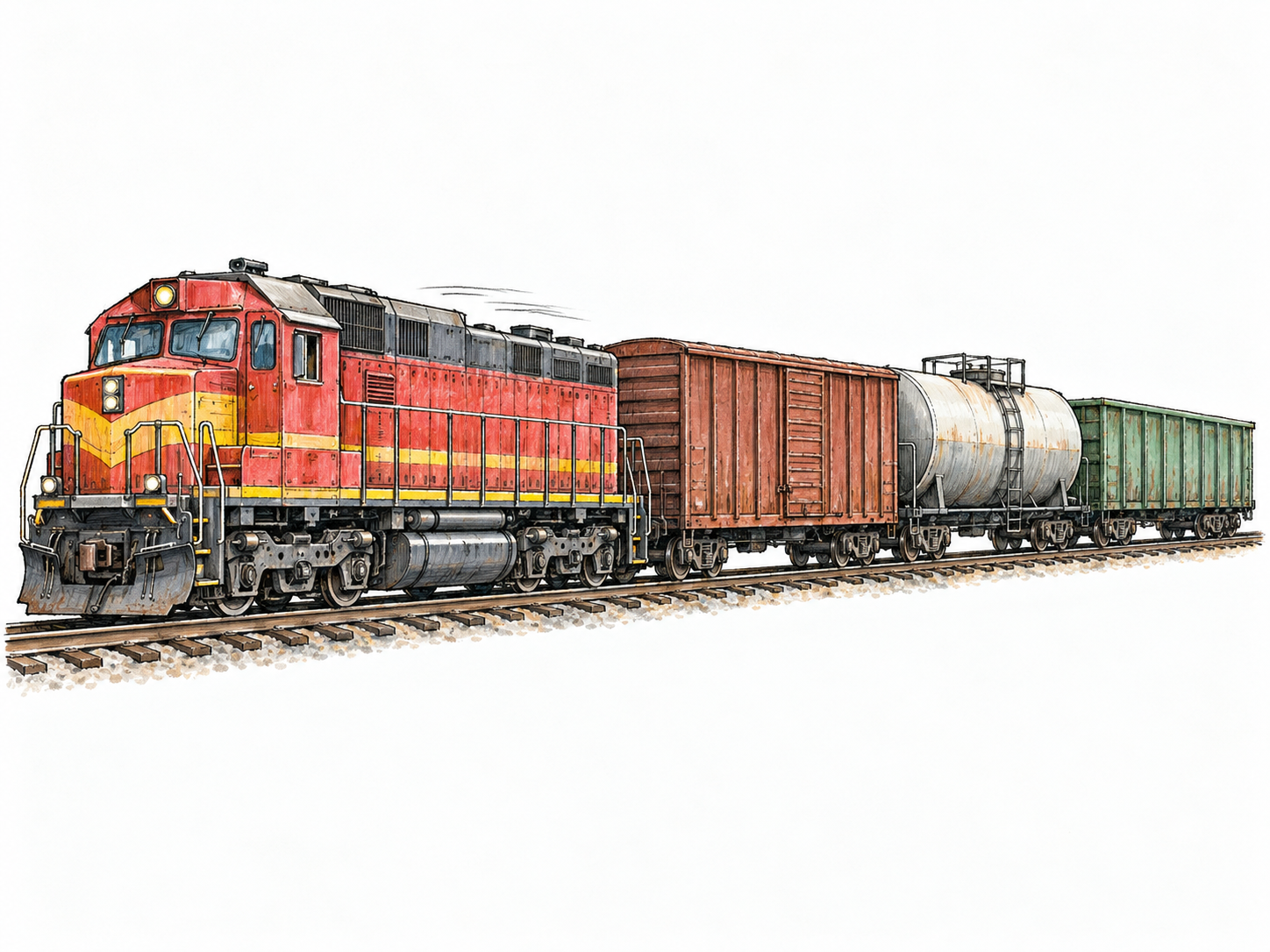 A locomotive leads three visibly coupled railroad cars along a single track, with clear couplers and wheels resting on the rails.