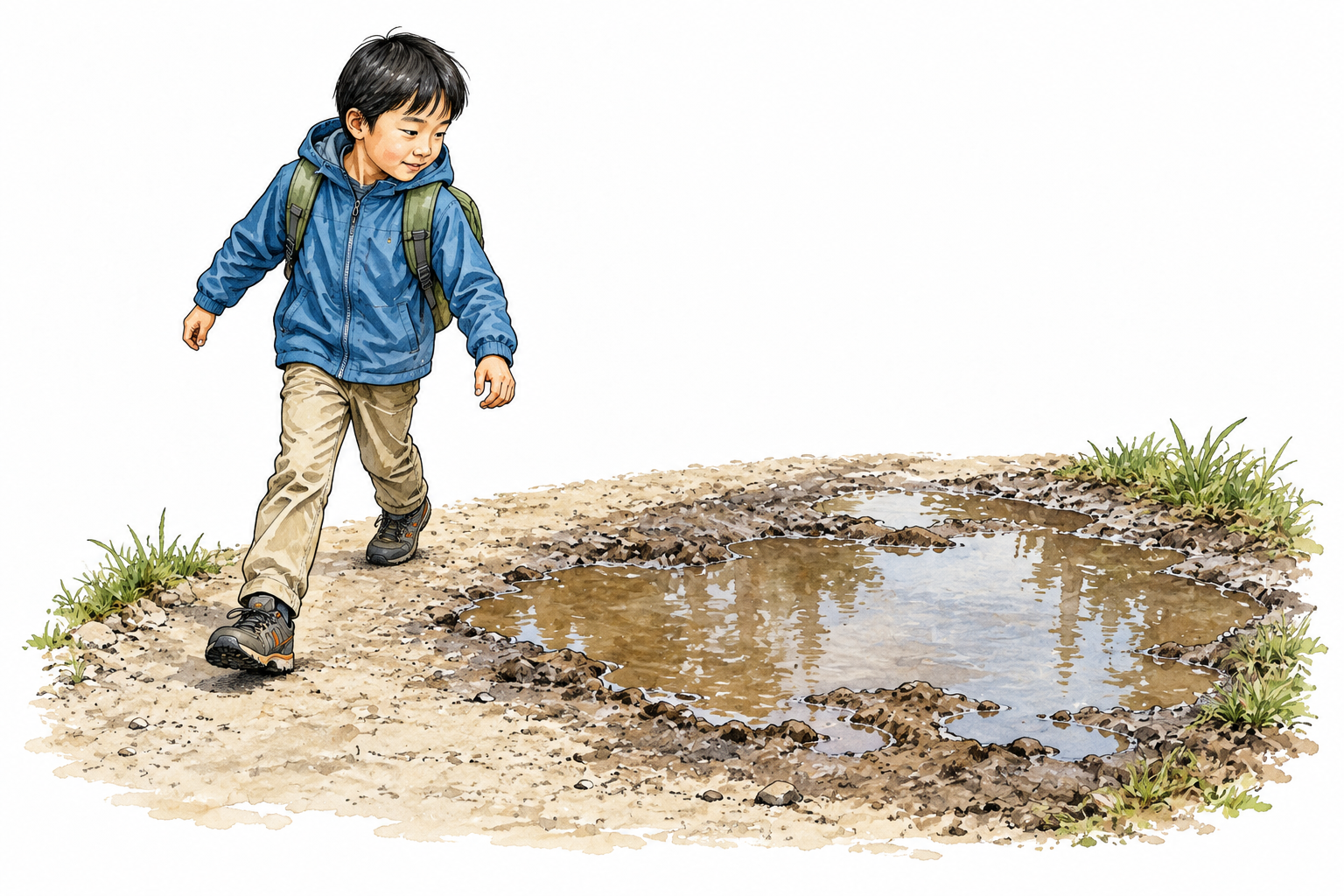 Young East Asian pedestrian deliberately chooses a dry path around a large muddy puddle.