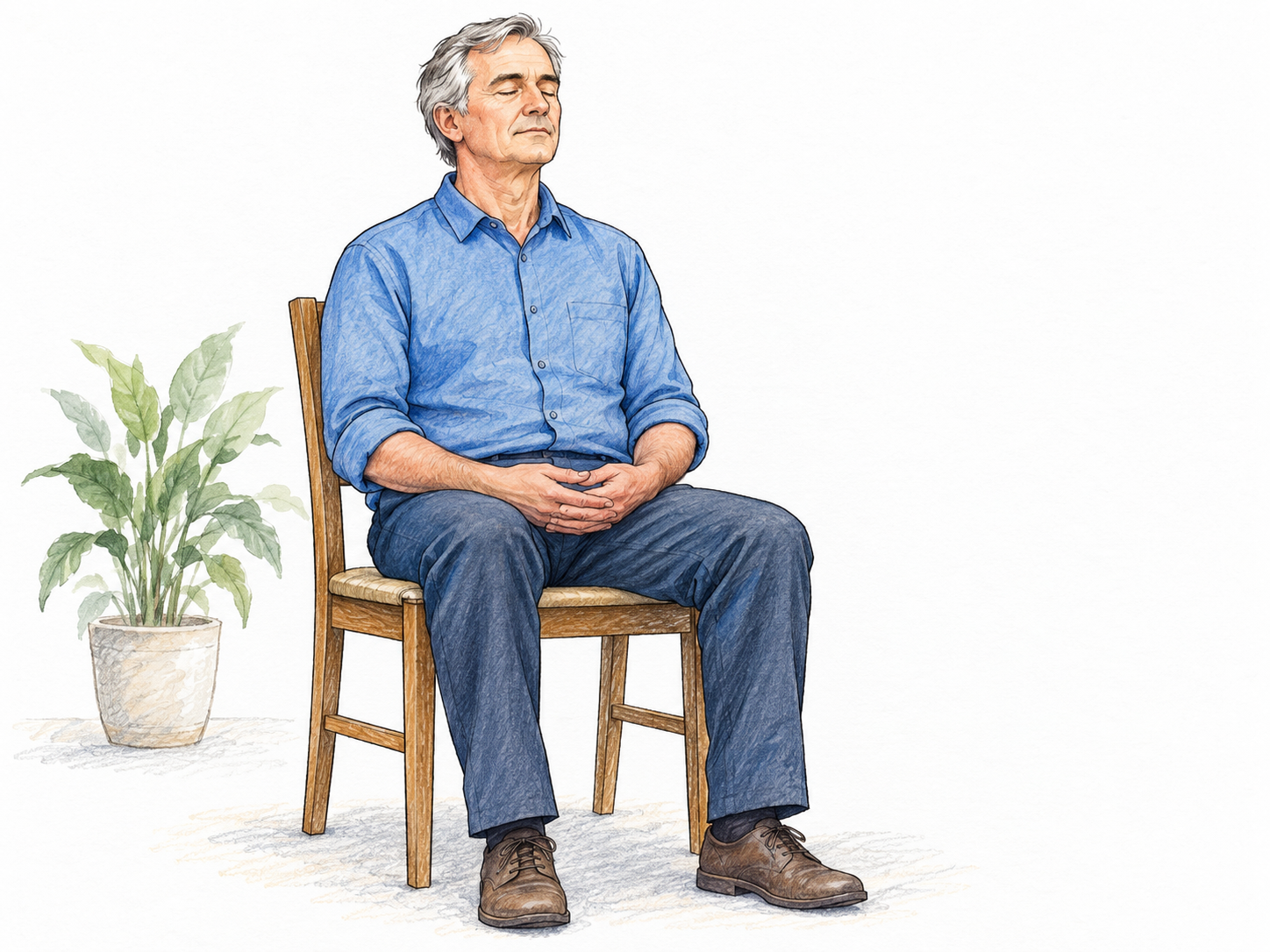 Man sits quietly on chair with eyes closed, relaxed hands in lap and calm breathing, focused reflective practice, spare white ground with faint plant silhouette only if needed, no text.