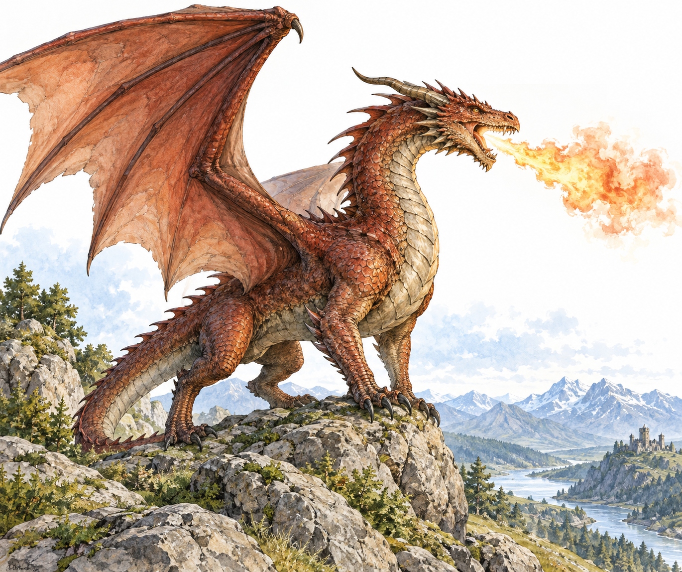 Majestic fictional winged scaled dragon on rocky hillside breathing a small flame into open air, no people injured.