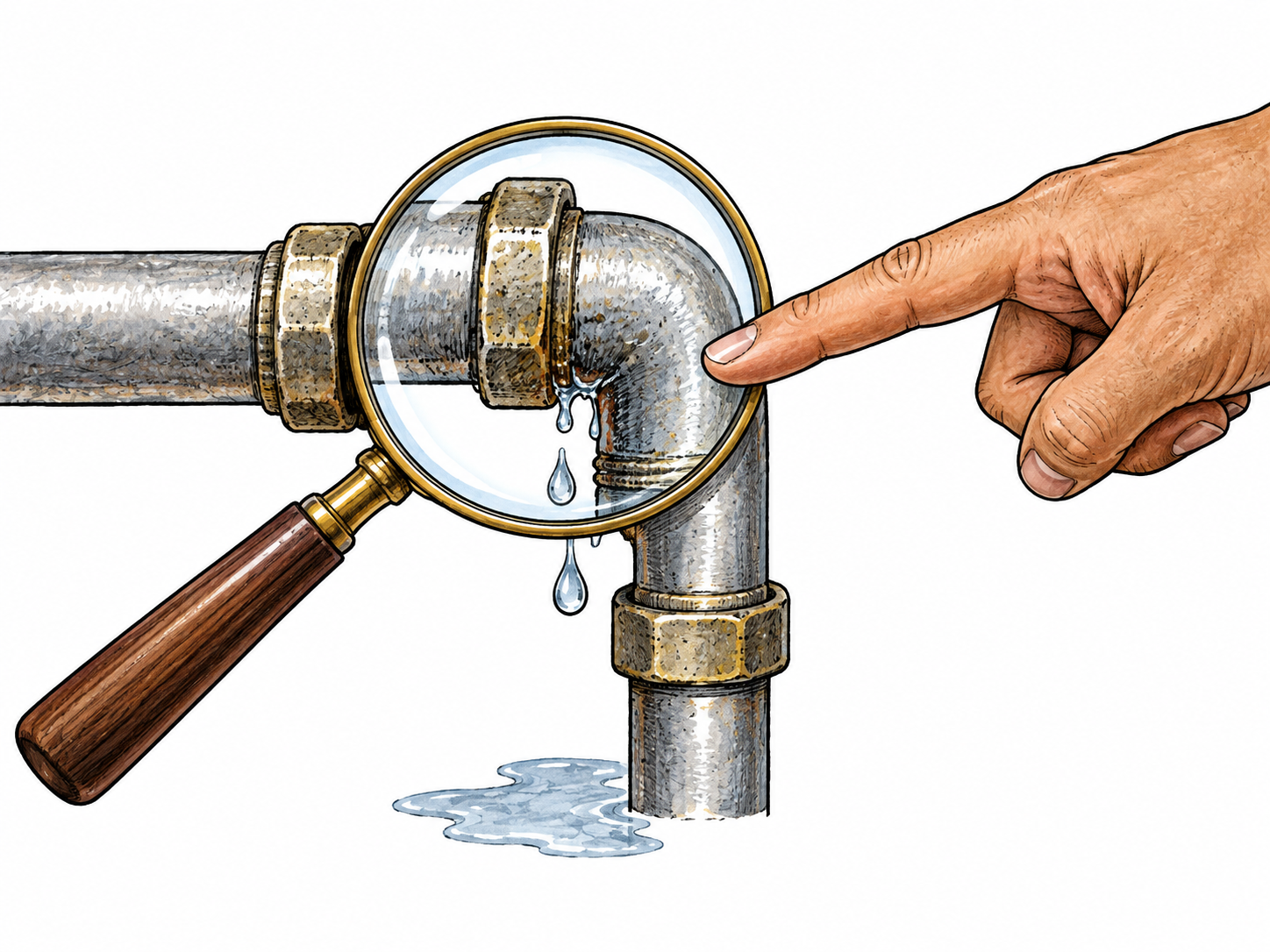 A magnifying glass and pointing finger identify the precise leaking joint in a short pipe assembly; the exact site of an occurrence, no repair instructions.