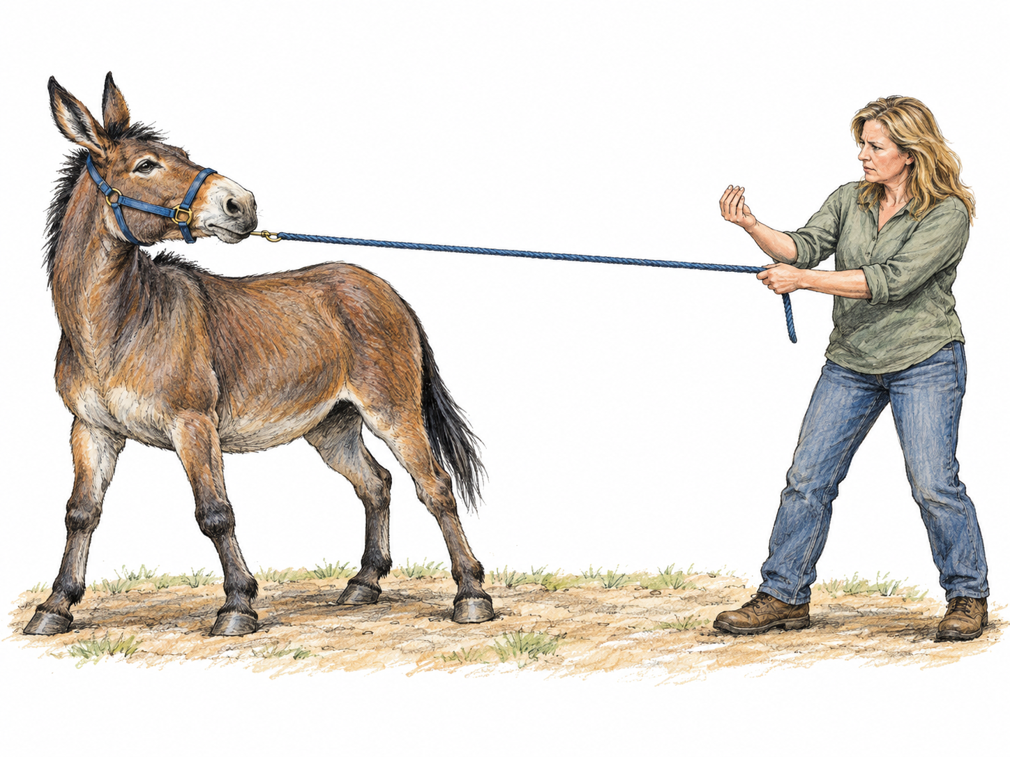 An alert mule stubbornly refuses to follow its handler: its feet are planted wide, its body leans backward, and its head pulls against the lead while the handler beckons it forward.
