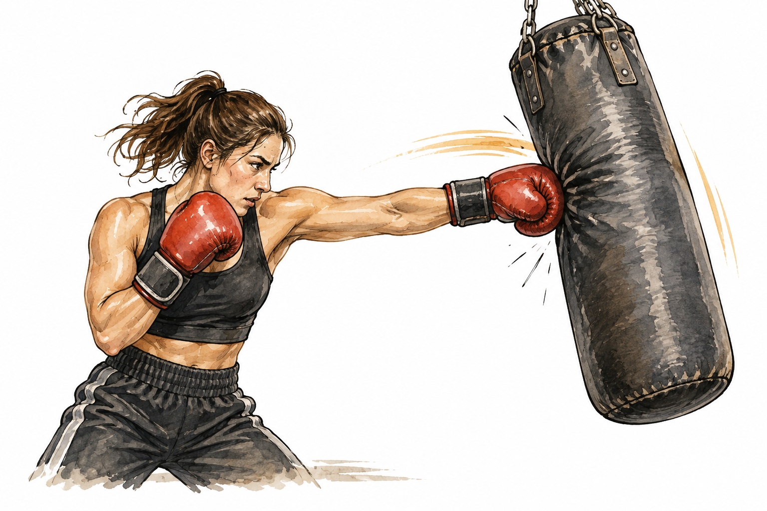 A woman boxer vigorously striking a padded training bag with gloved fists, strong repeated action implied by bag movement and one subtle motion arc, anatomically correct two arms, no words.