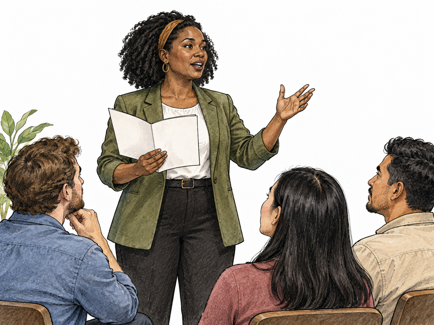 A speaker publicly declares beliefs to an attentive small gathering, holding an open blank document and gesturing firmly, audience engaged; no slogans, writing or flags.