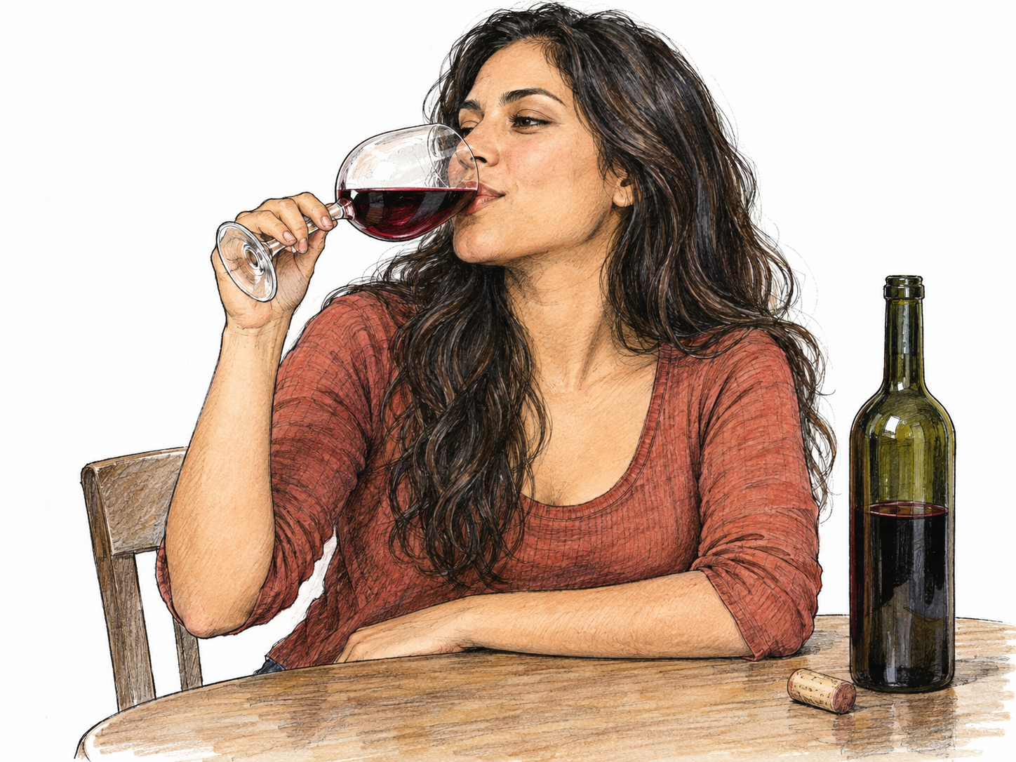 An adult woman taking a sip of red wine from a stemmed wineglass, with an open wine bottle beside her.