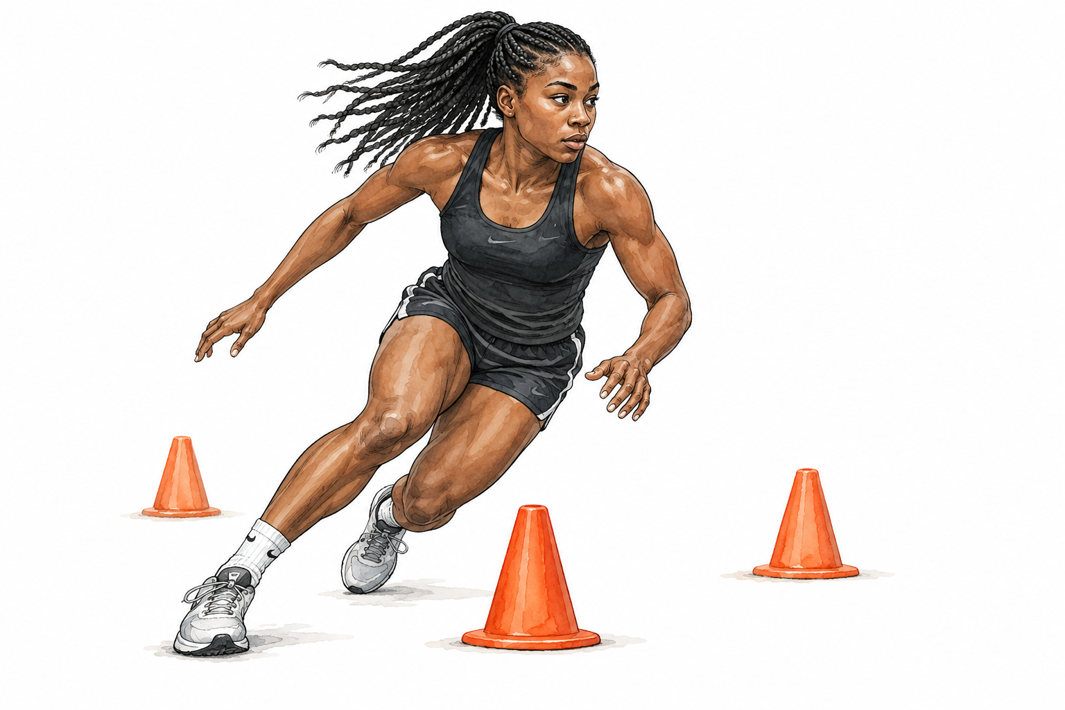 Black female athlete swiftly changes direction around training cones with balanced dynamic pose.