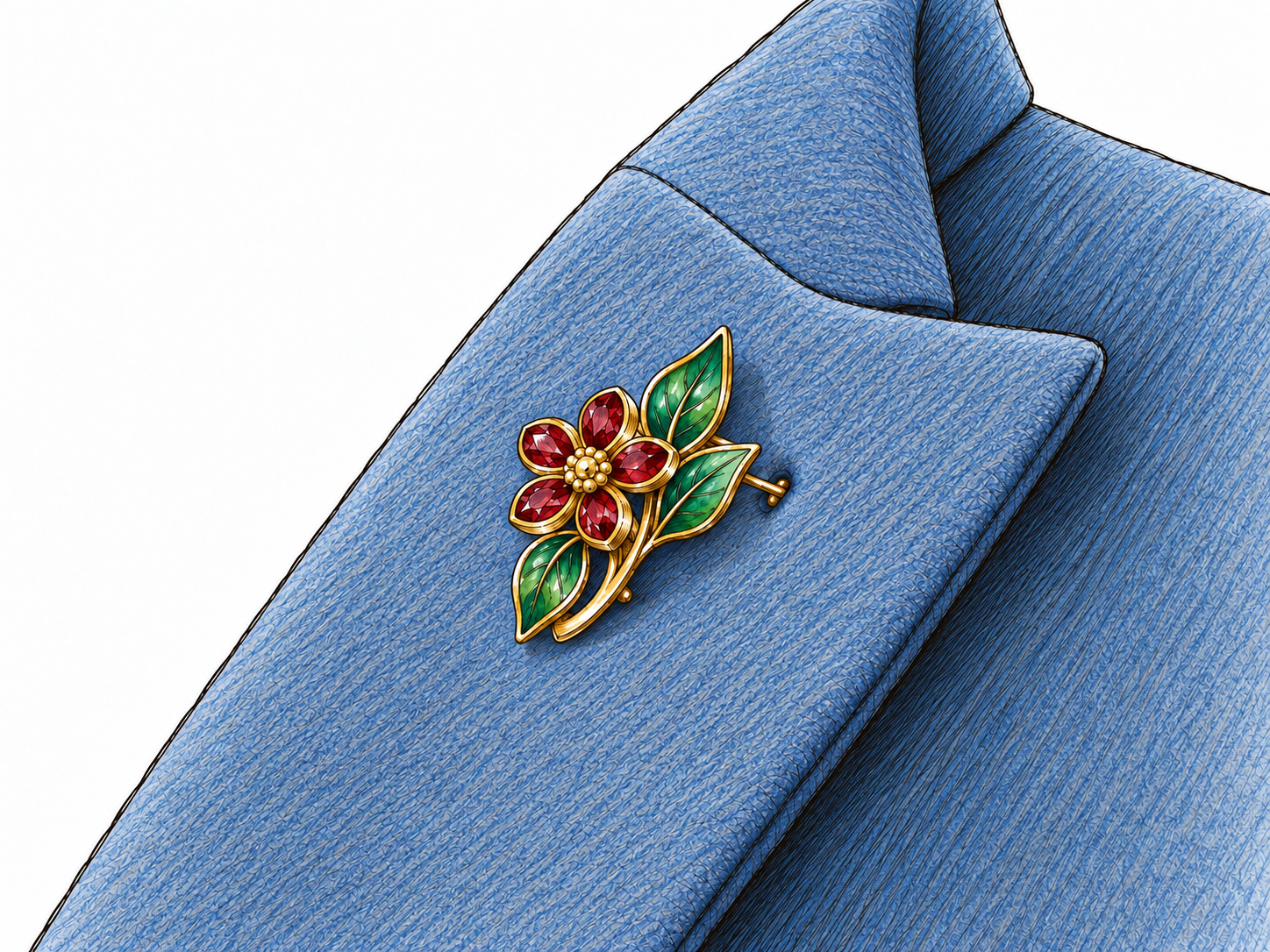 A jeweled floral brooch pinned through the lapel of an unworn jacket, with a slightly lifted edge revealing its fastening pin entering the fabric.