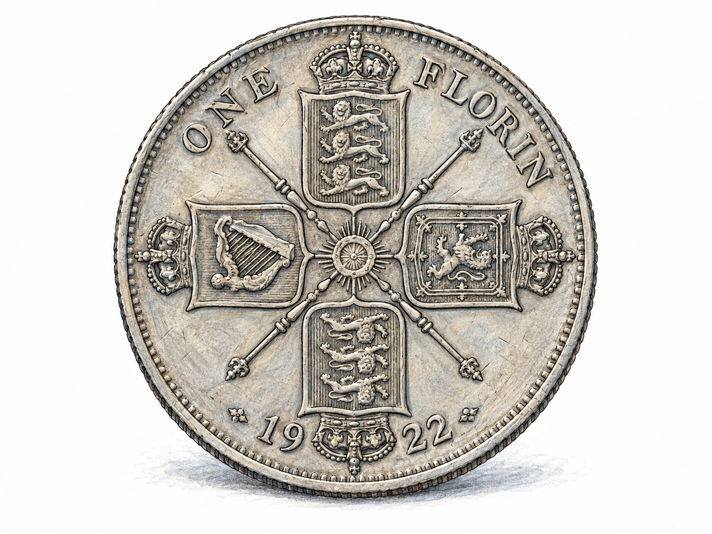 A close, enlarged view of a historic British silver florin, with its heraldic reverse and intrinsic denomination marking clearly identifying the former European coin.