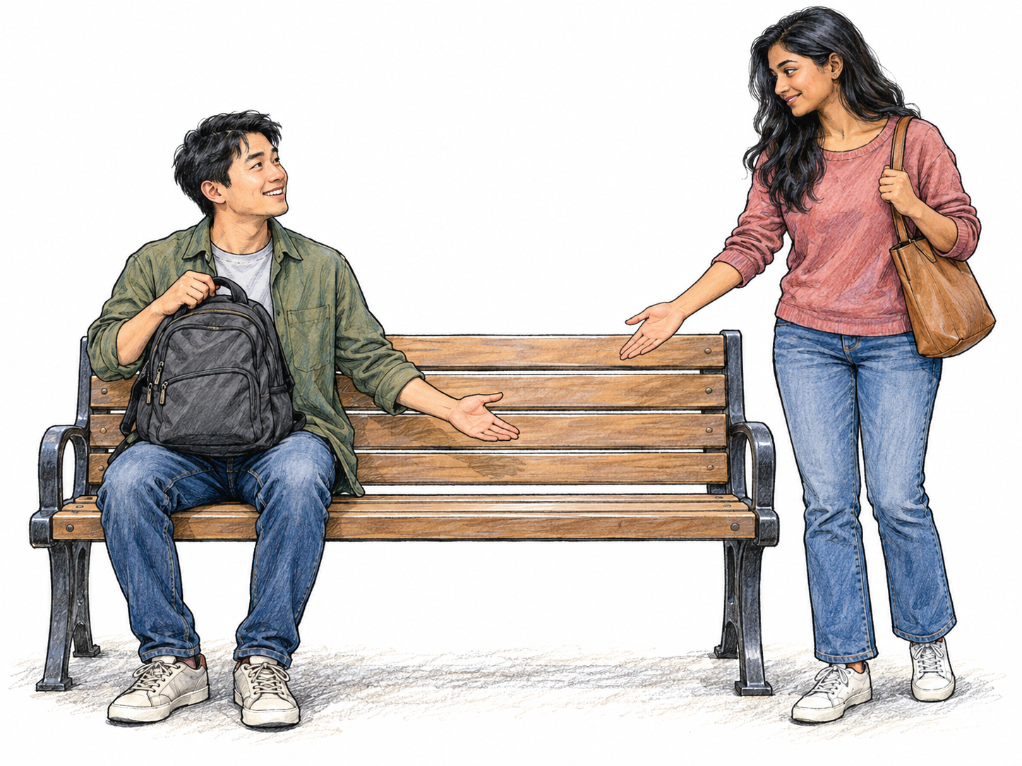 An amenable seated man willingly makes room on a bench in response to an arriving woman's gesture: he lifts his bag onto his lap and welcomes her into the cleared seat.