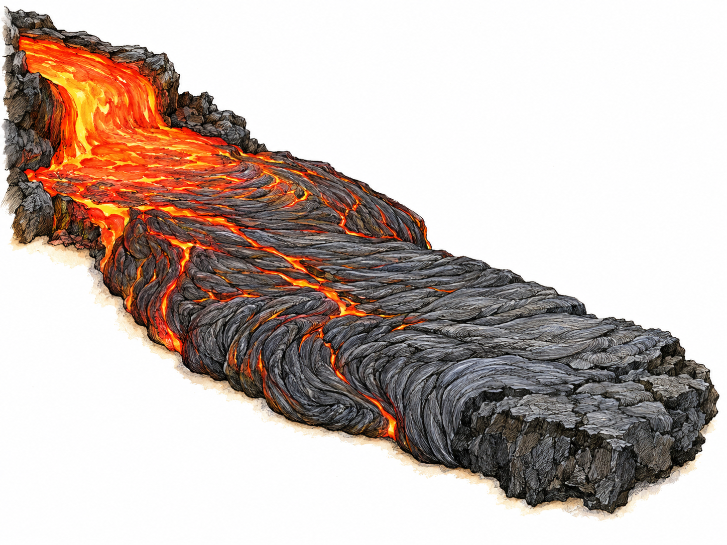 A close view of one lava flow transitioning from glowing molten lava into a dark, solid, cracked basalt crust, making the formation of rock from cooling melt visible.