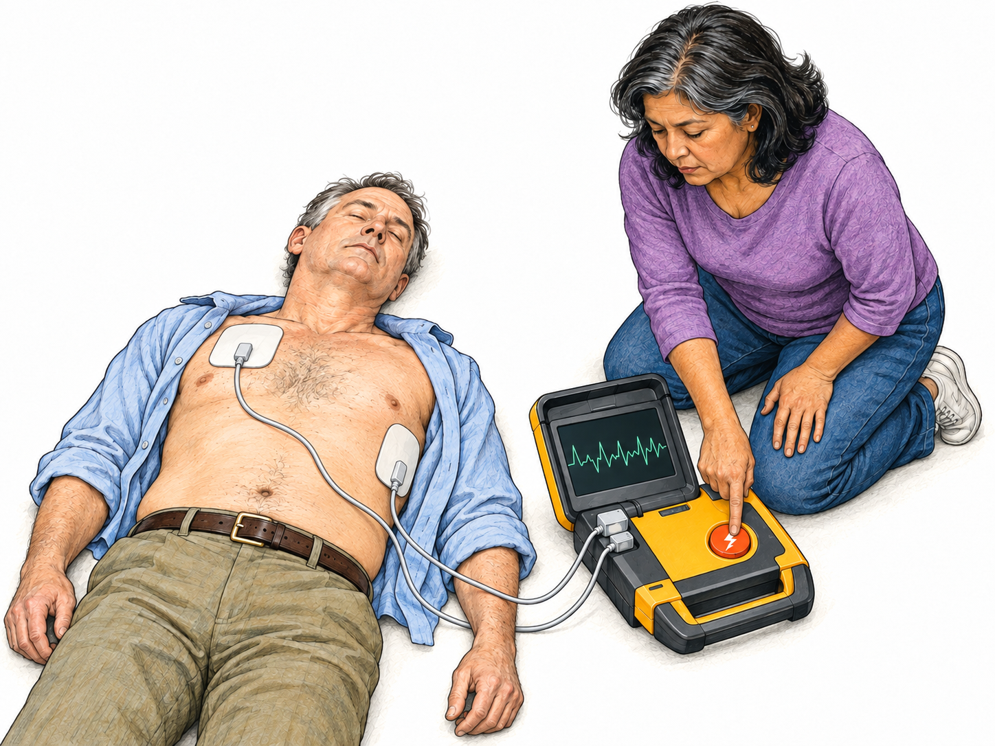 A portable defibrillator connected by two adhesive chest pads to a supine adult patient, with a rescuer keeping clear and pressing the shock button.