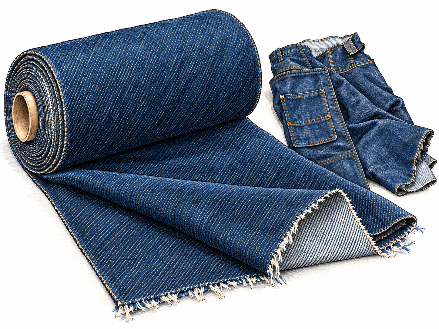 A heavy roll of indigo cotton denim unfurls beside partly assembled work trousers cut from the same cloth, emphasizing the fabric rather than the garment.