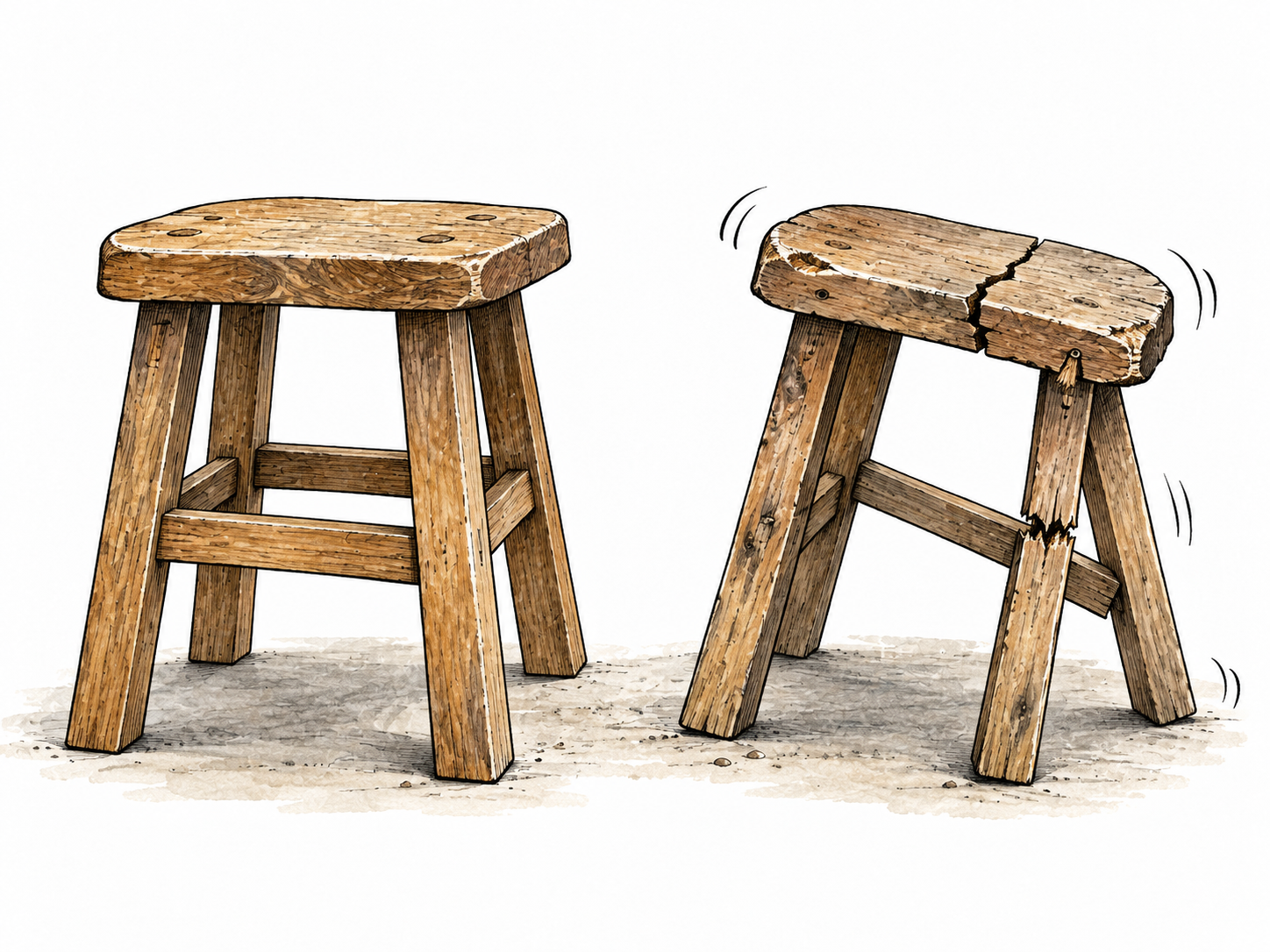 Two similar wooden stools side by side: one sturdy and well joined, the inferior one cracked and wobbling.