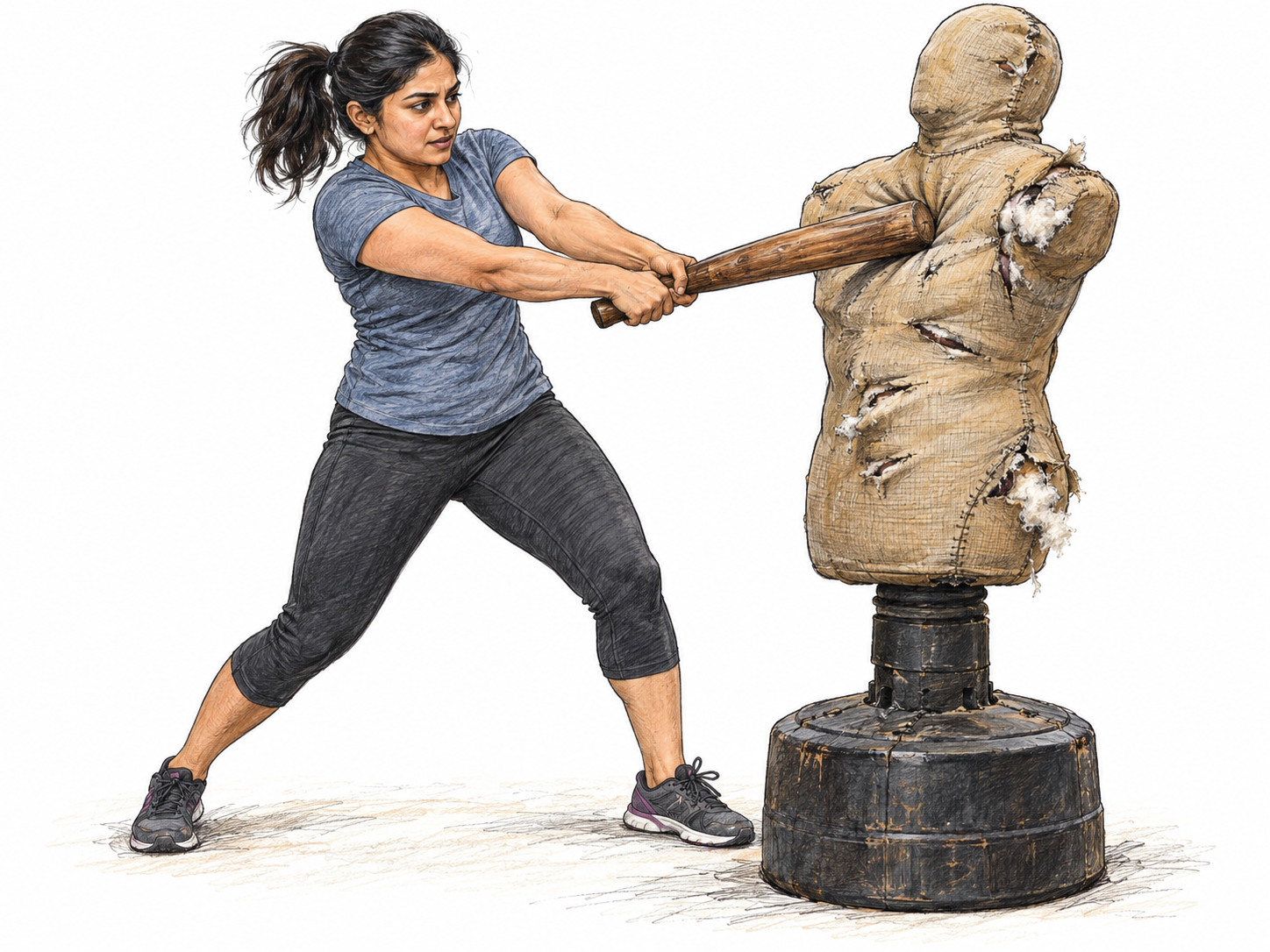 A woman delivers a forceful two-handed club blow to a battered training dummy; several separate deep dents and split padded seams make repeated heavy impacts visible.
